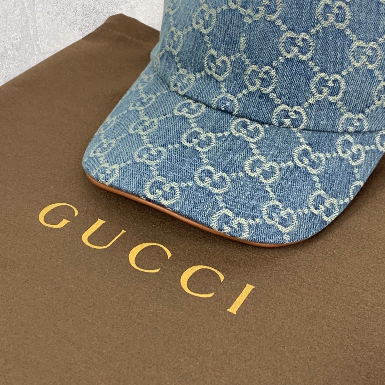 Gucci GG Monogram Logo Horsebit-Detailed Leather Denim Baseball Cap Blue Size M