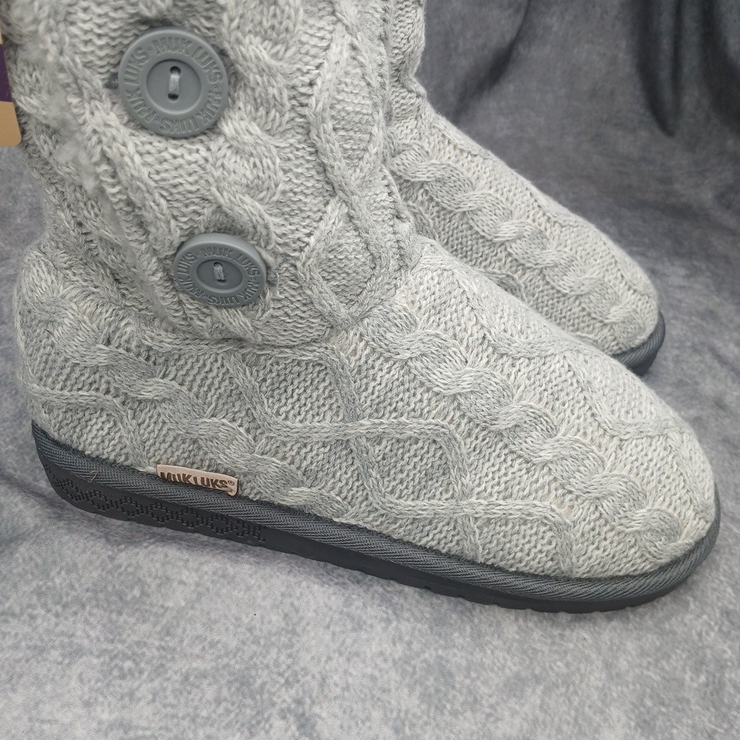 Muk Luks Lilyana Boots Womens 9 Gray Cable Knit Faux Fur Lined Comfort Shoes