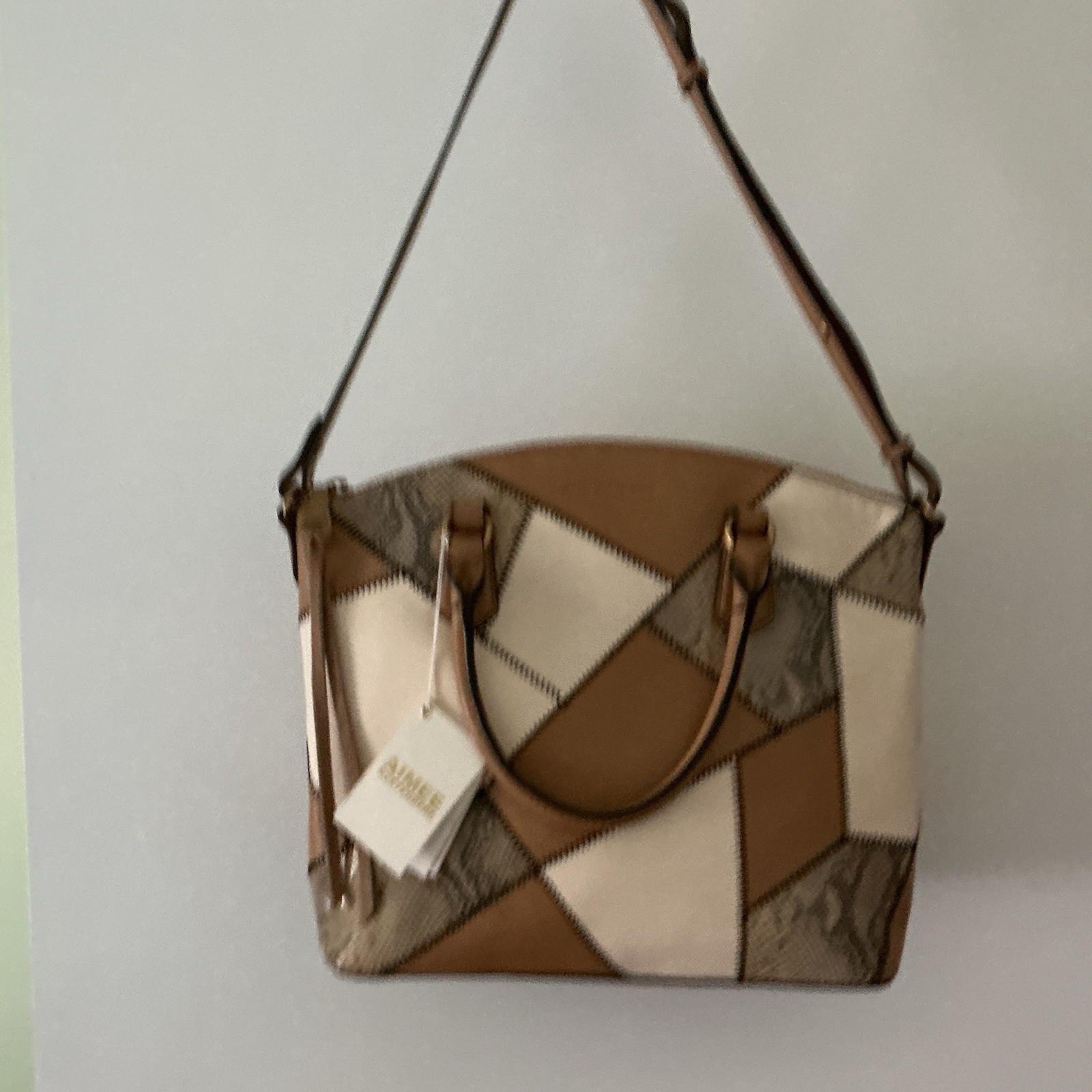NWT Aimee Kestenberg Cream Tan Snake-Print Stitching Convertible Satchel MNF$248