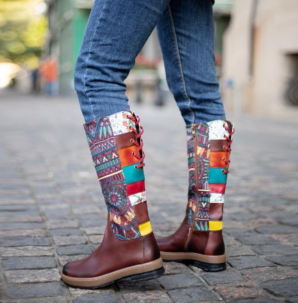 Womens Boho Leather Splicing Knee High Boots Zip Lace Up Shoes Casual Ethnic