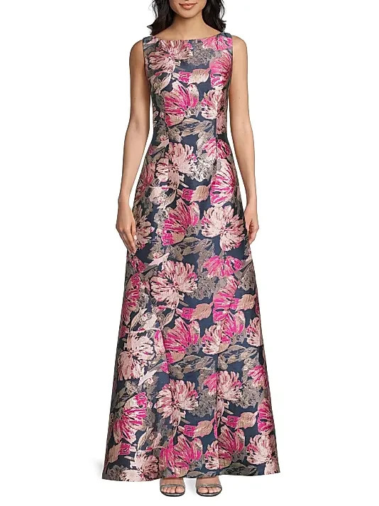 Kay Unger Blue Opal Multi Maren Floral Brocade A-Line Gown Size 2 $418