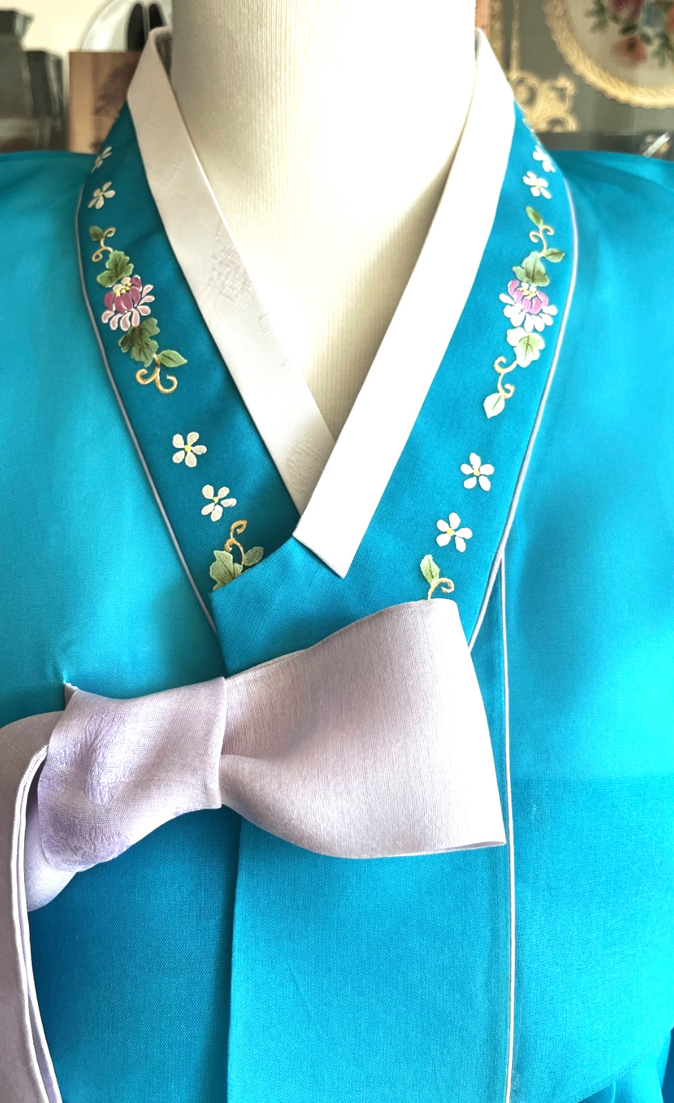 M Silk Traditional Korean Hanbok Set–Turquoise Blue Top/ Skirt with Floral Print