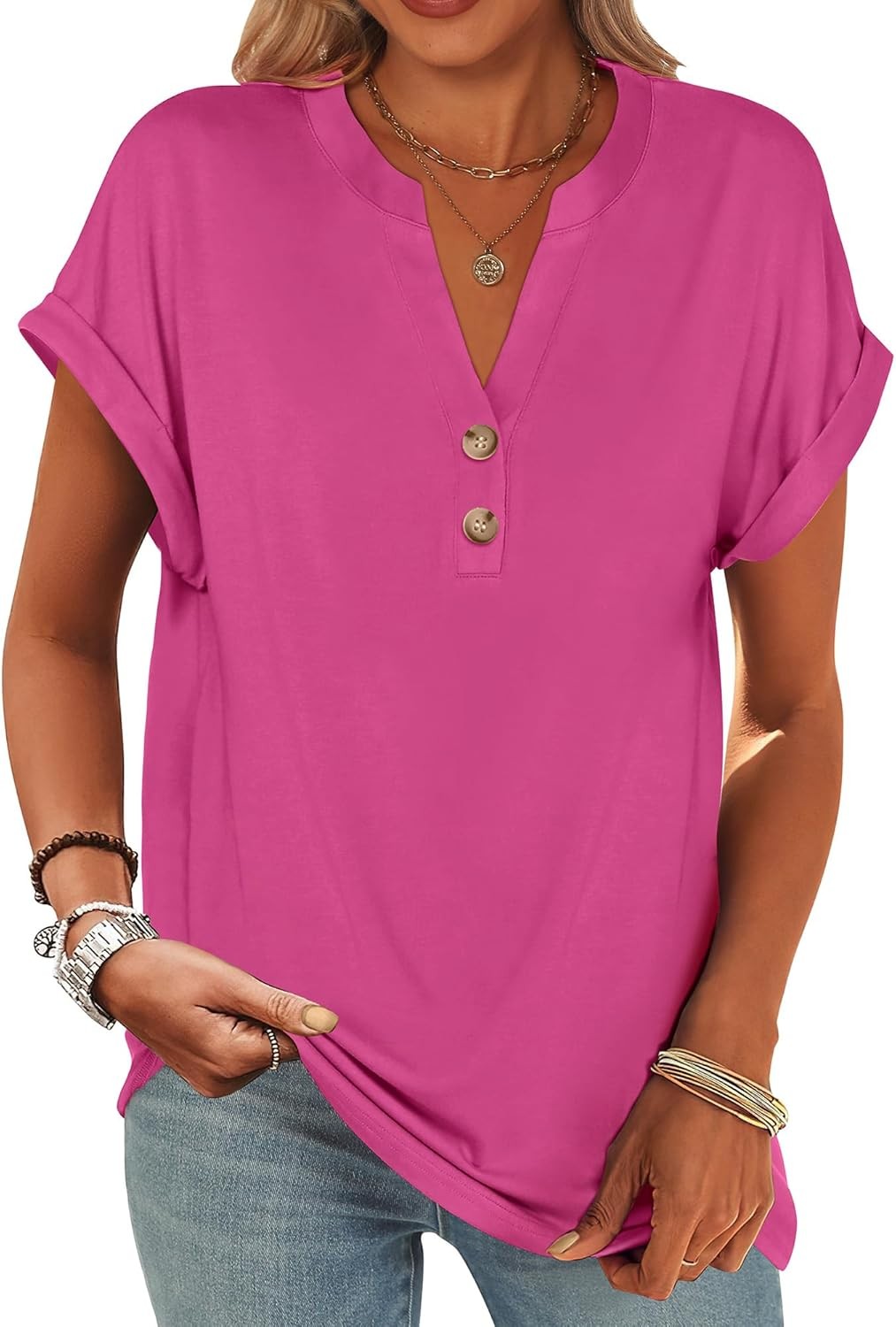 Womens Henley V Neck Short Sleeve Loose Fit Casual Summer Tunic Blouse Top