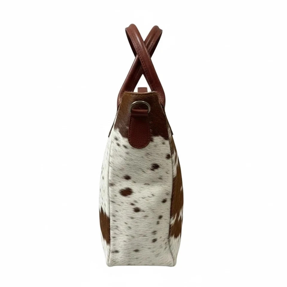 Genuine Cowhide Leather Tote Bag Brown White Hair On Hide Shoulder Handbag
