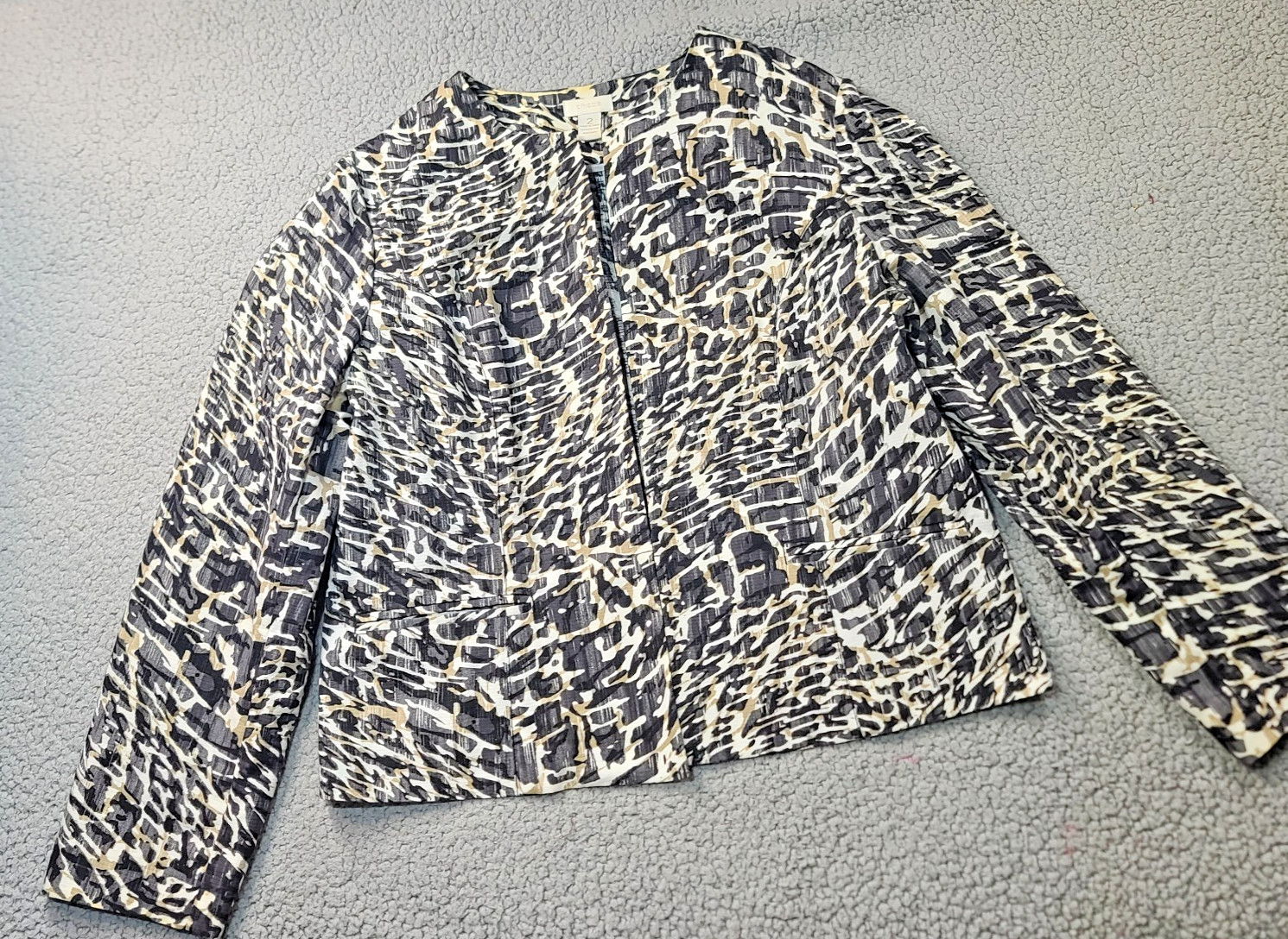 Chicos Womens LG 2 Open Front Jacket Blazer Abstract Animal Print Cotton Unlined