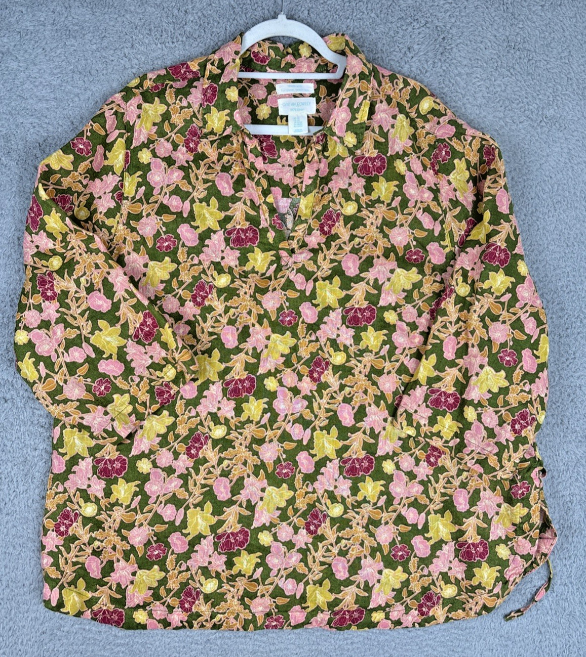 Cynthia Rowley 100% Linen European Flax Green Pink Floral Side Slits Blouse 2X