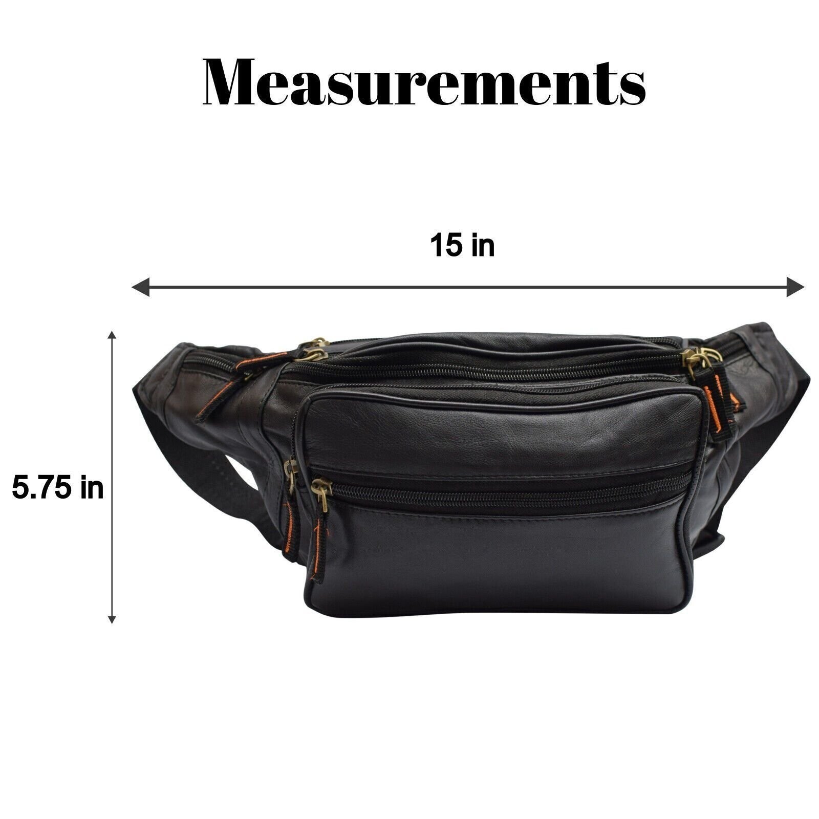 Black Genuine Leather Fanny Pack Large Multi Zippered Waist Bag Design Hip Purse