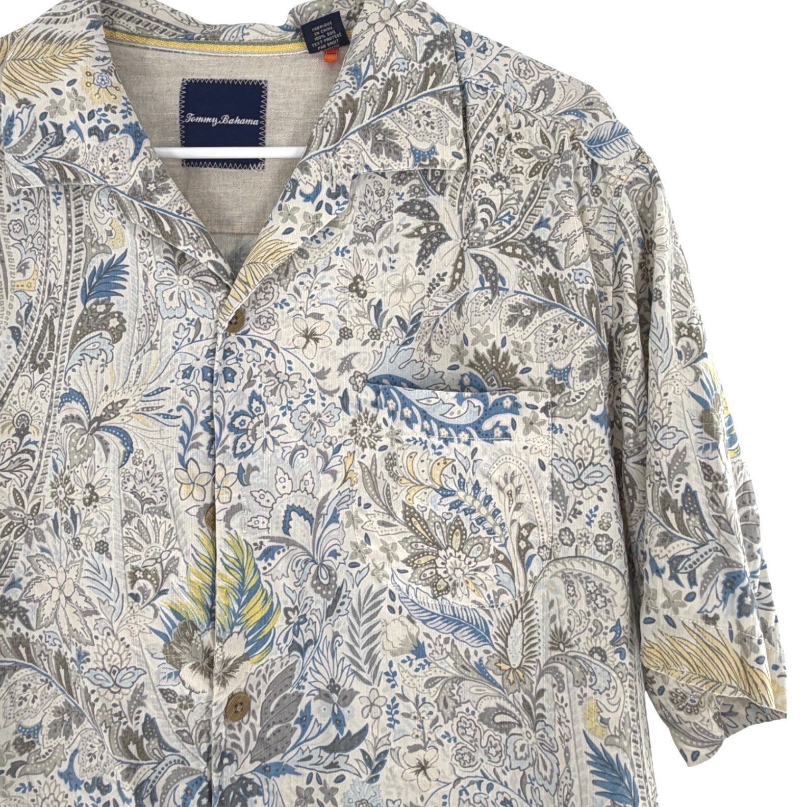 Tommy Bahama Mens 100% Silk Paisley Floral Camp Shirt Blue Tan L 161-T313615