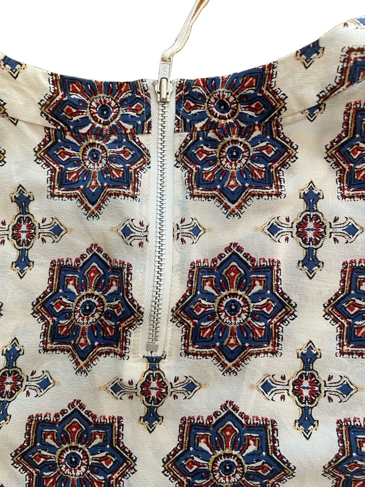 Madewell 100% Silk Geometric Zip Back Short Sleeve Blouse M Cream Blue Red
