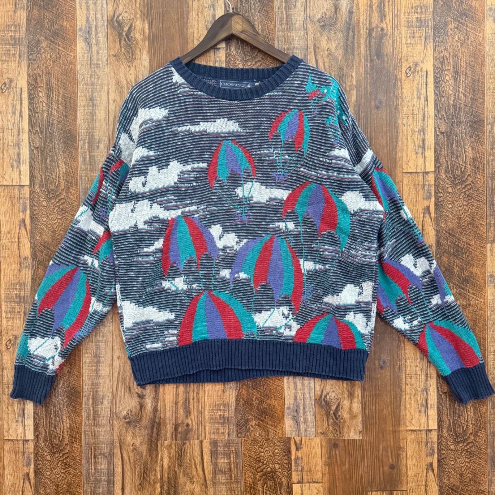 Vintage Crossings Mens Large Cotton Hot Air Balloon Cloud Knit Sweater Navy USA