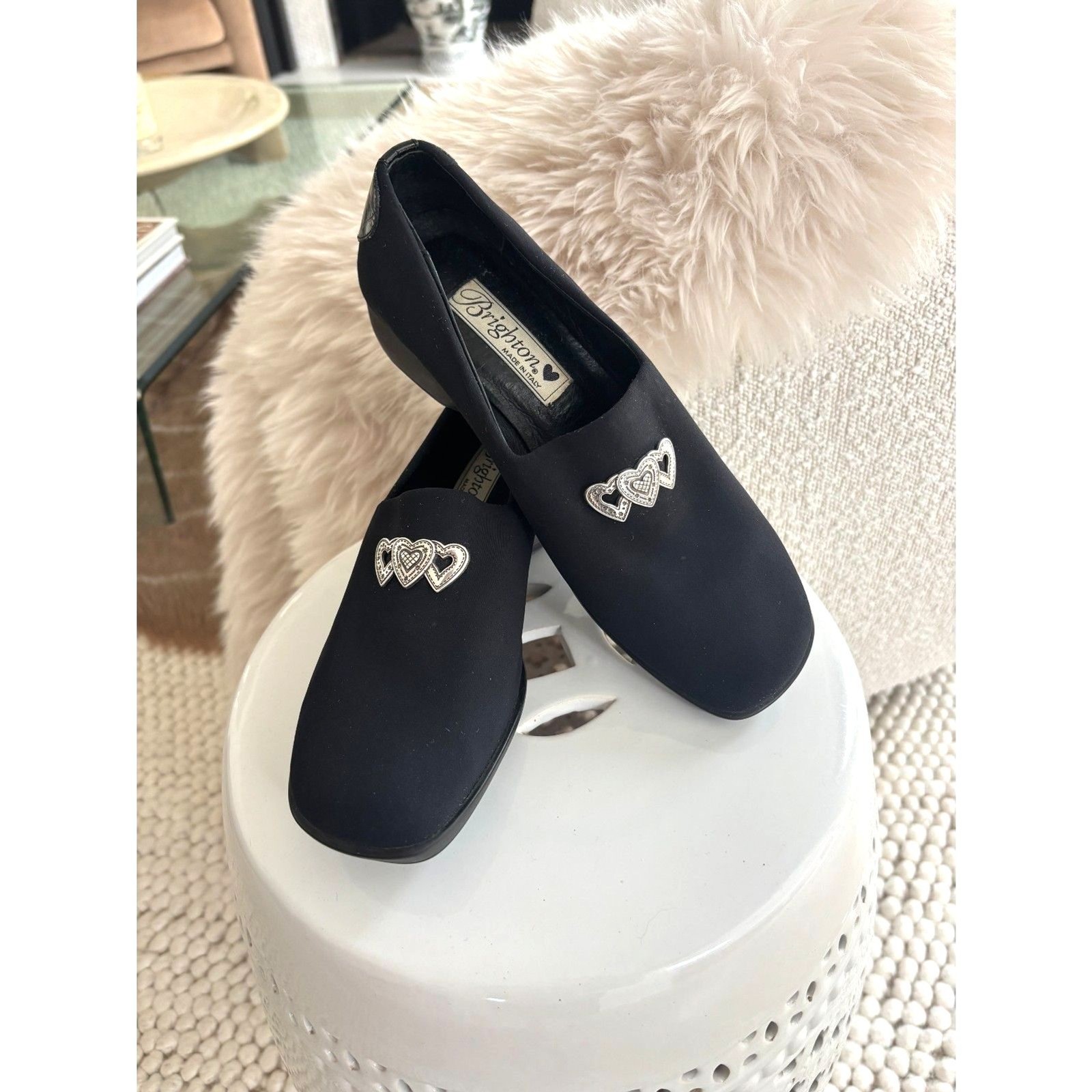 Brighton Maral Loafers Womens 7 Black Silver Hearts Made In Italy Slip On Flat