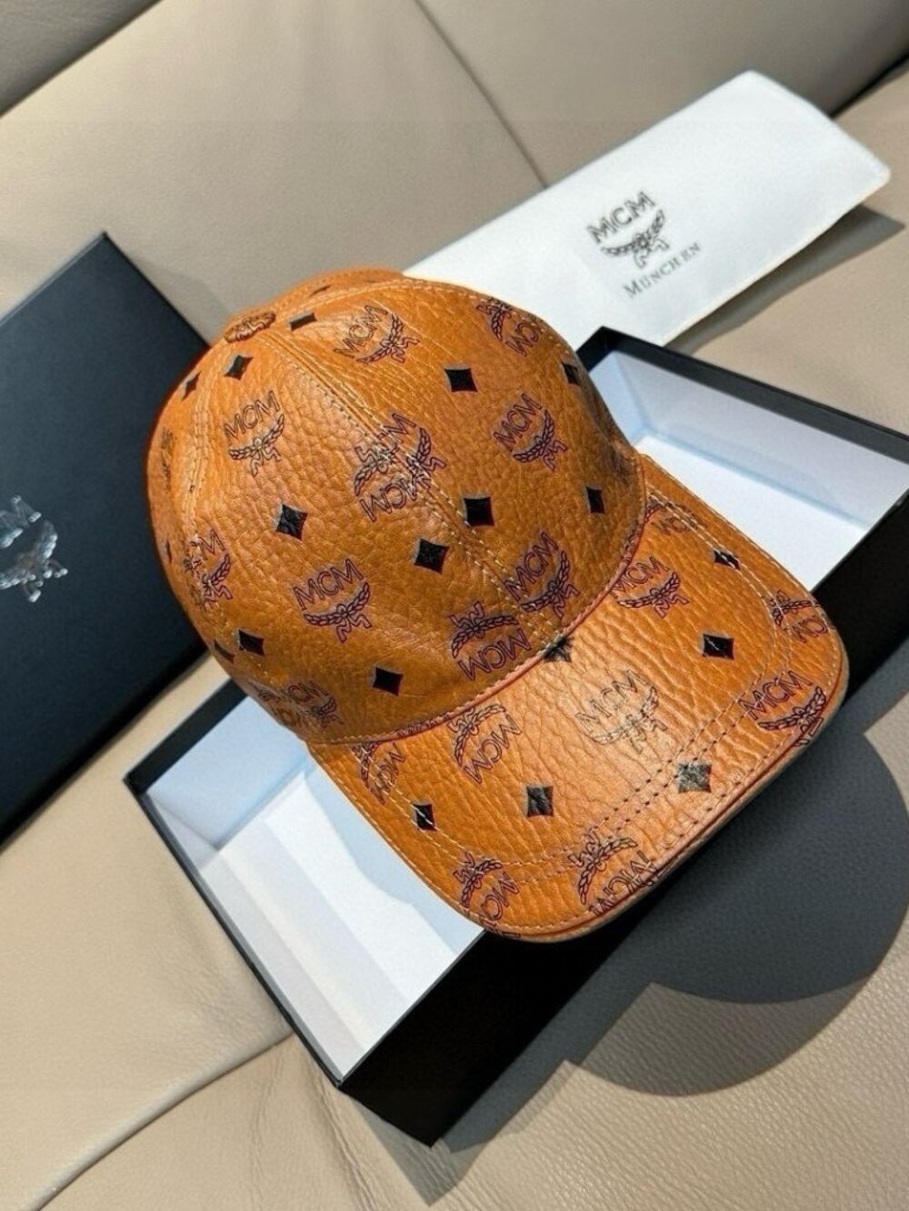 MCM Cognac Visetos Leather Baseball Cap Black Studs Adjustable