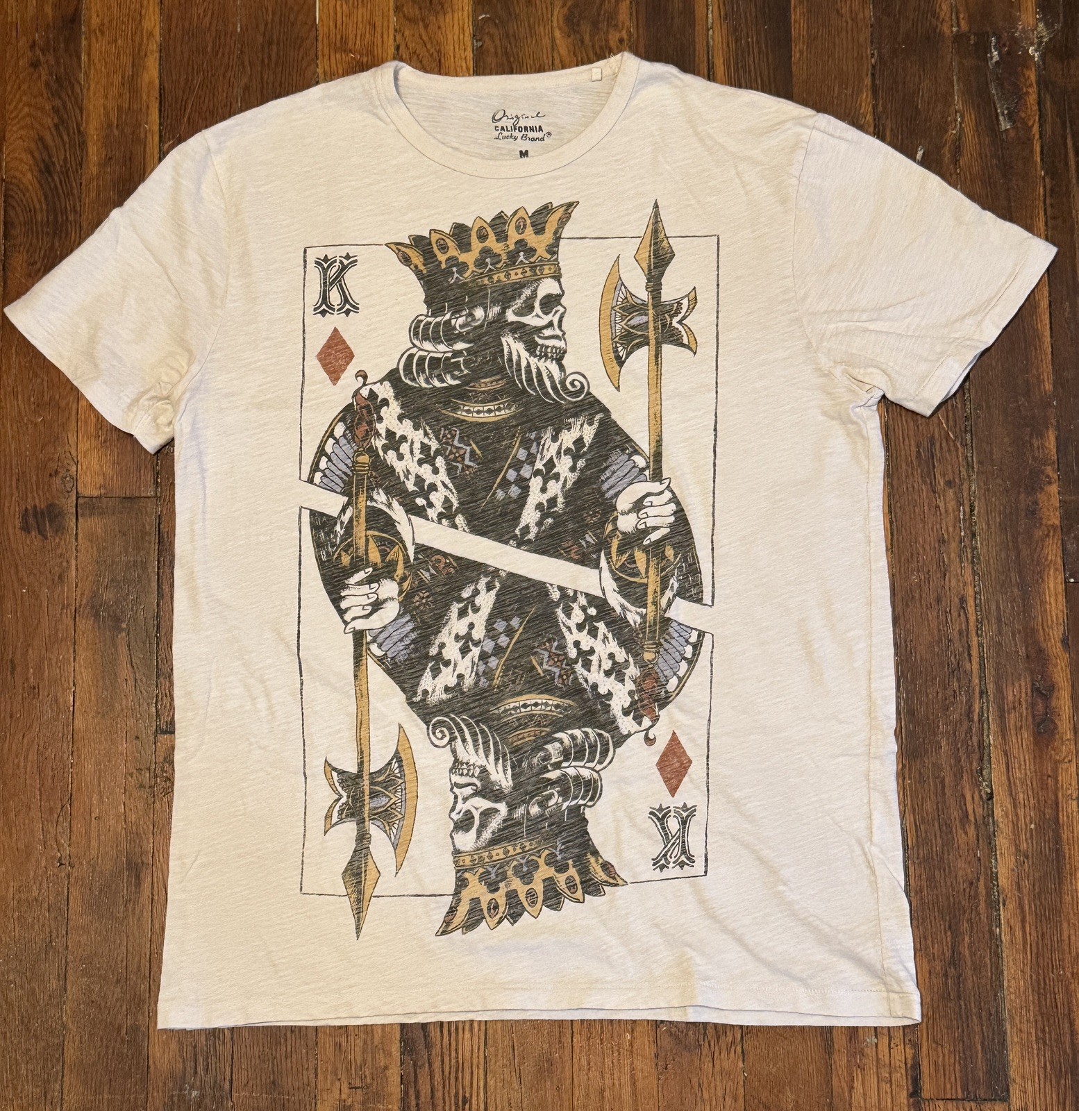 Lucky Brand Shirt Mens Size M Ivory King Of Diamonds Graphic Single Stitch Skull