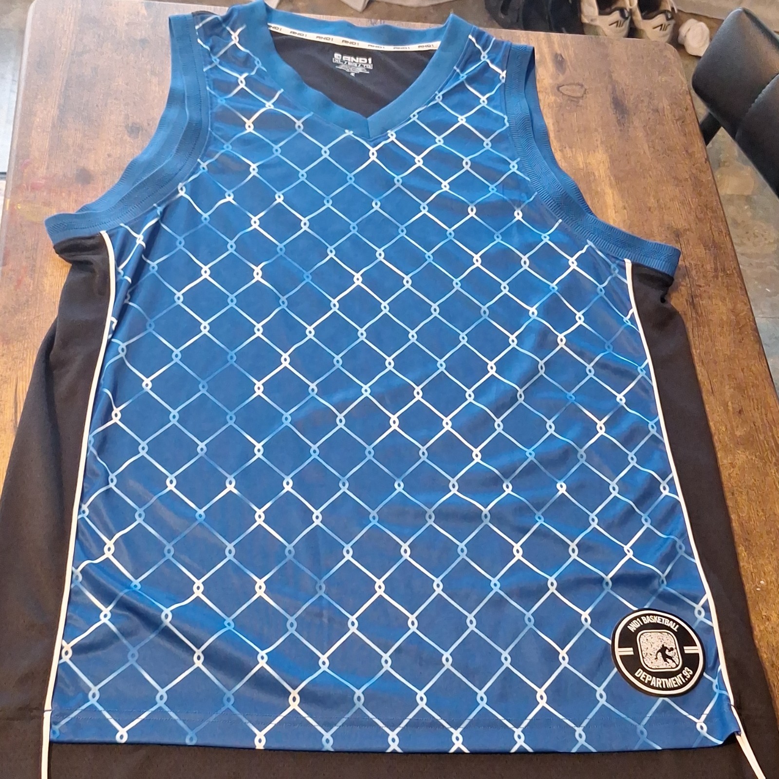 AND1 Men Basketball Muscle Tank Sleeveless Shirt Jacquard Print Blue Black XL