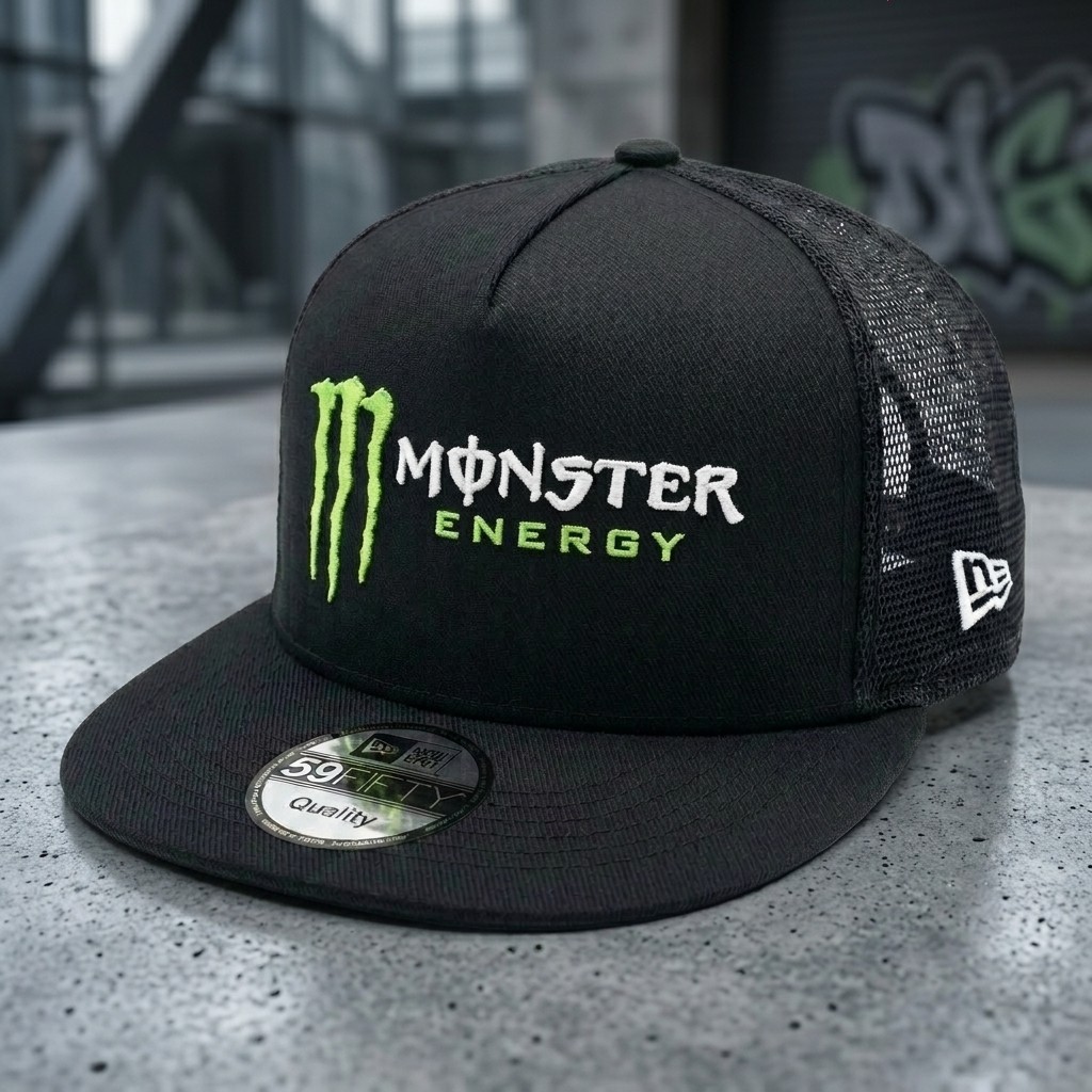 Monster Energy Embroidered Trucker Hat Black Mesh Snapback Flat Bill Cap