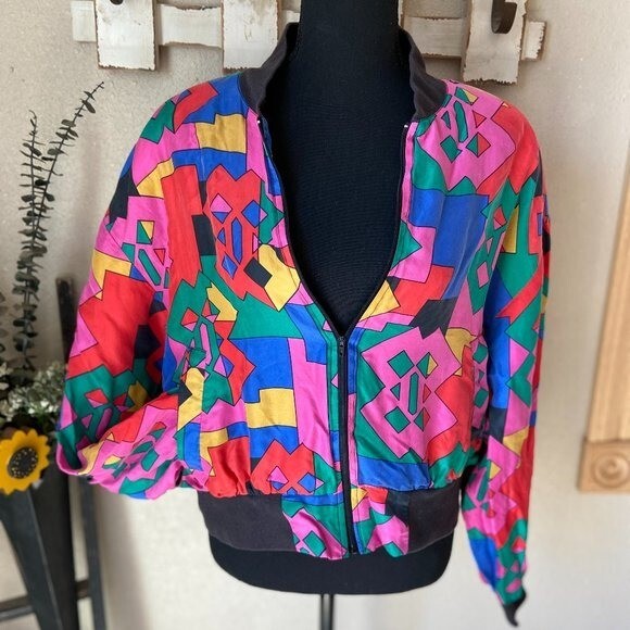 VTG N. Sandwash Silk by Bianca Lightweight Multi-color 100% Silk Bomber Jacket L