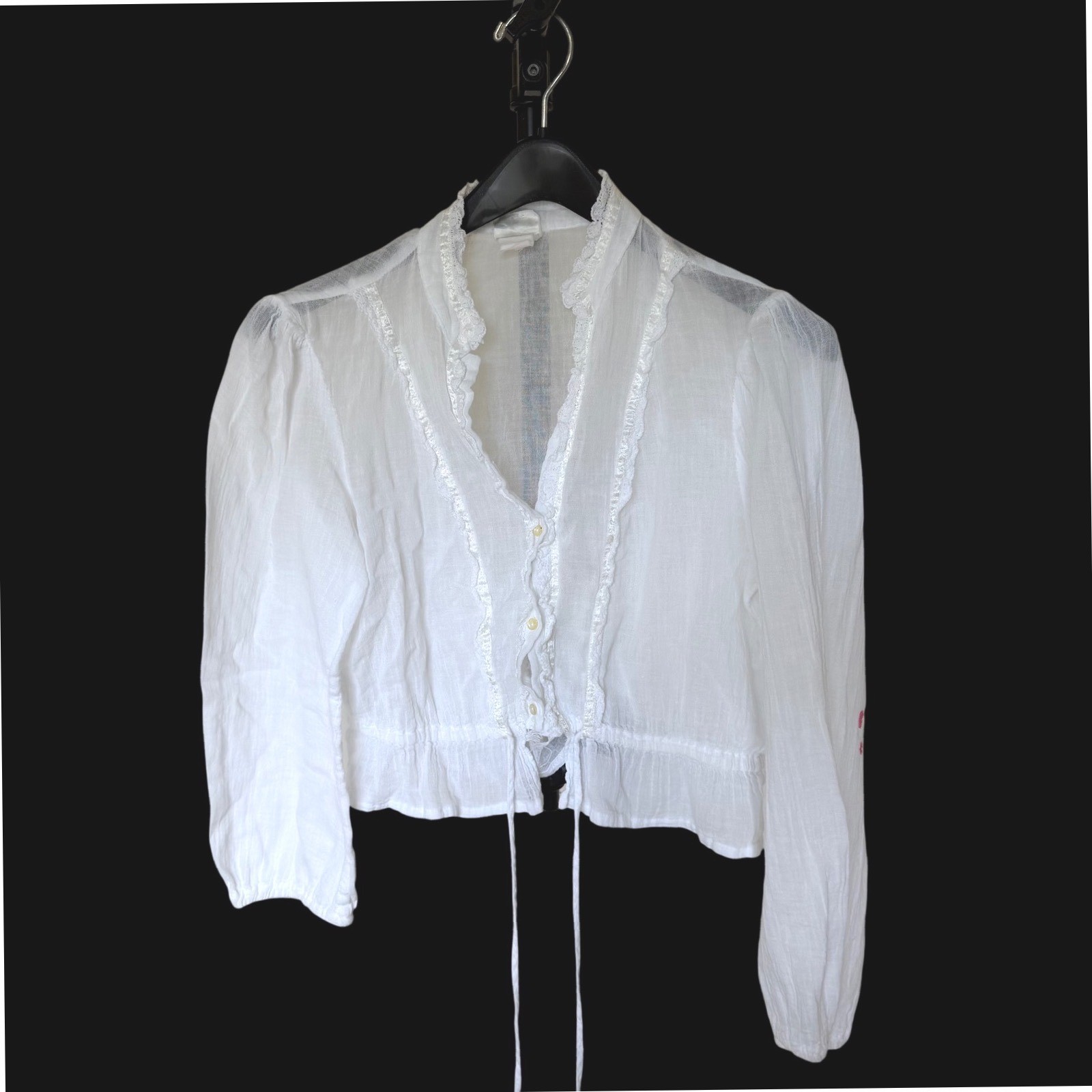 Byer California White Gauze Cropped Blouse Lace Trim Ruffle Boho Cottagecore