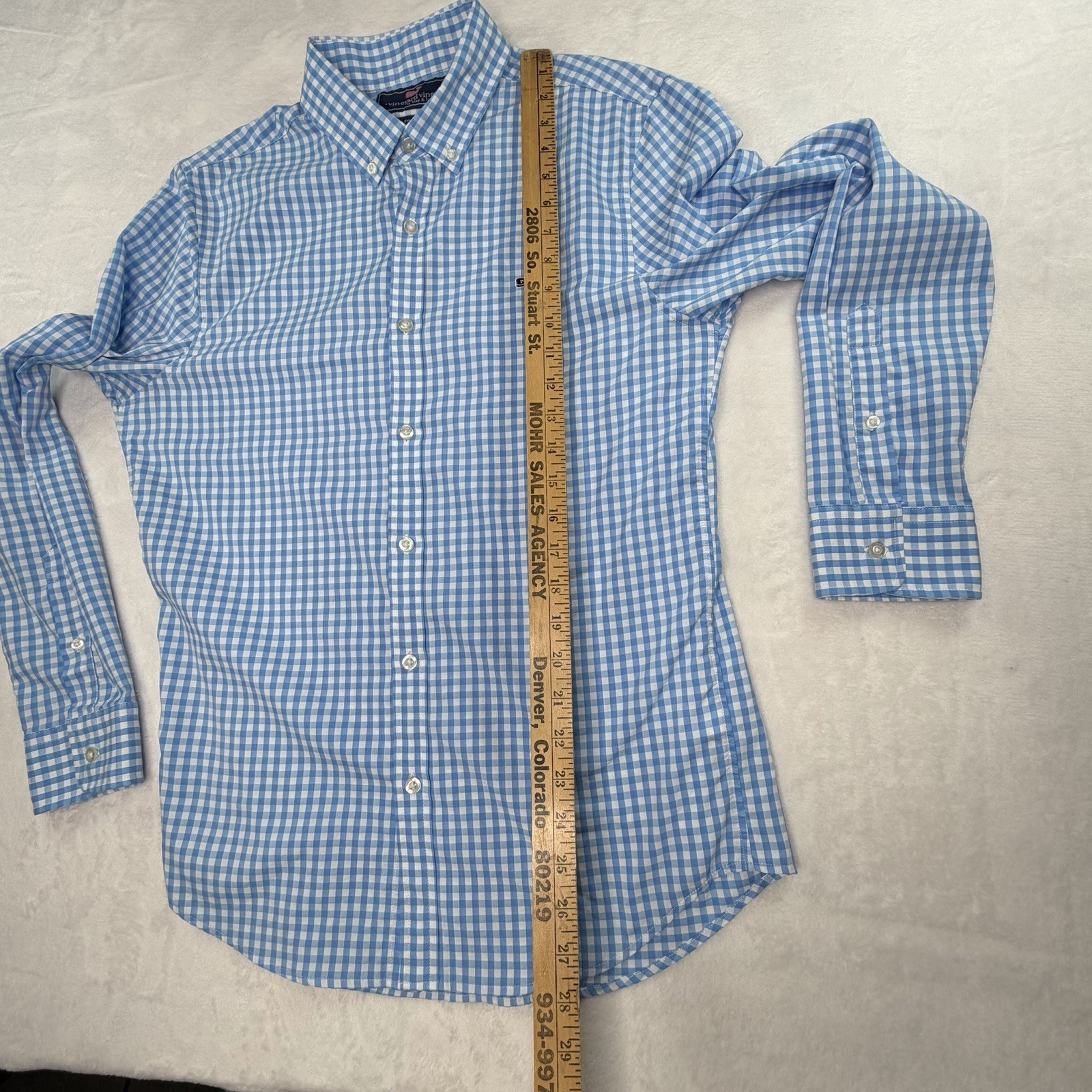 Vineyard Vines Mens M Blue Check Slim Fit Whale Long Sleeve Shirt Nylon/Poly