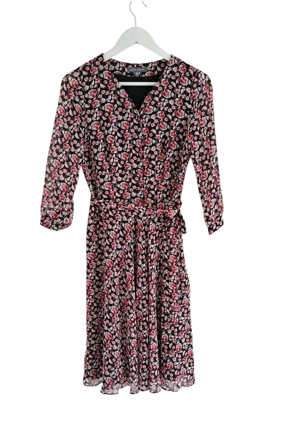 Laura Ashley Dress Floral V Neck Black Red Knee Lenght Sheer Sleeves Boho UK 8