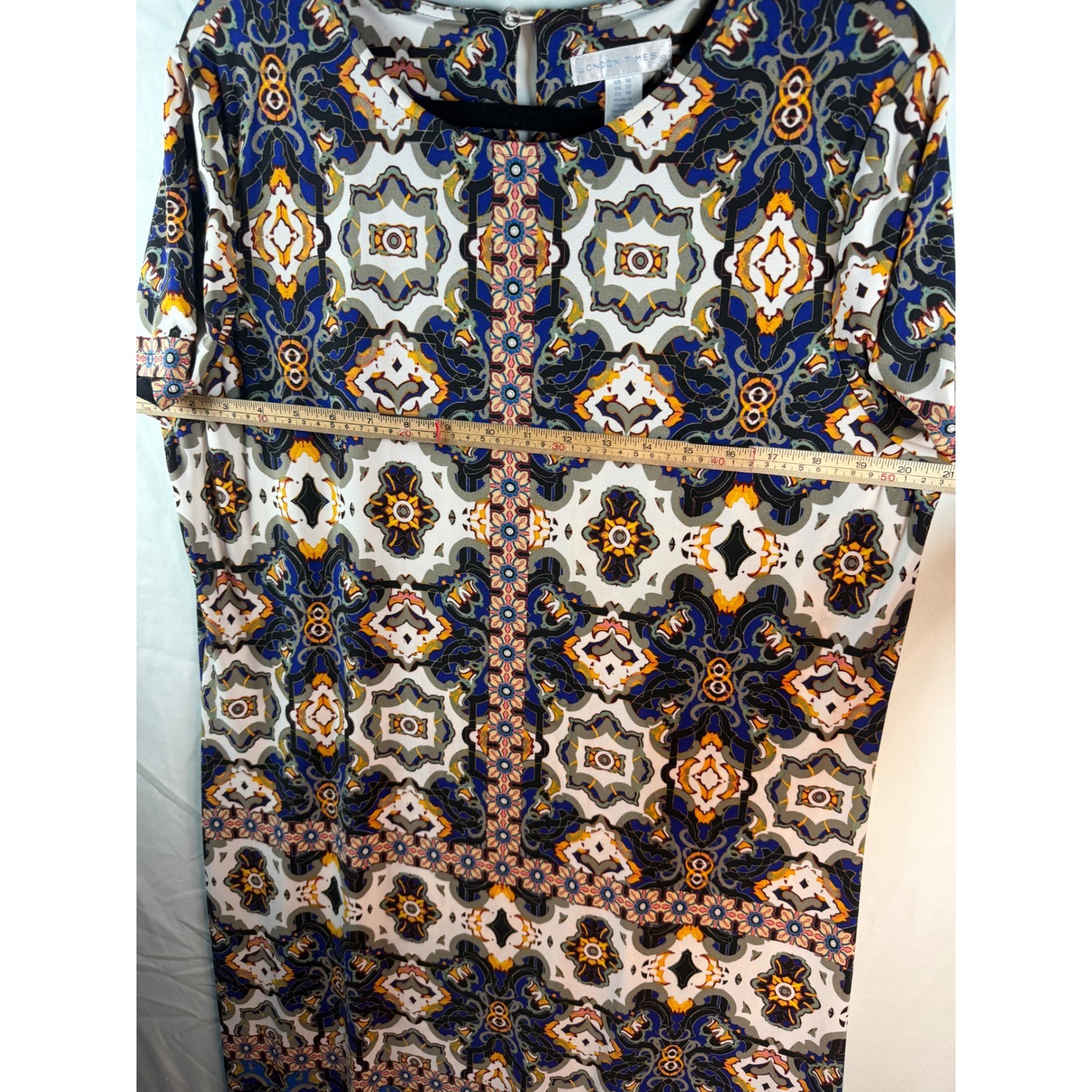 London Times Blue Orange Geometric Tile Print Shift Dress Sz 18 Jersey boho