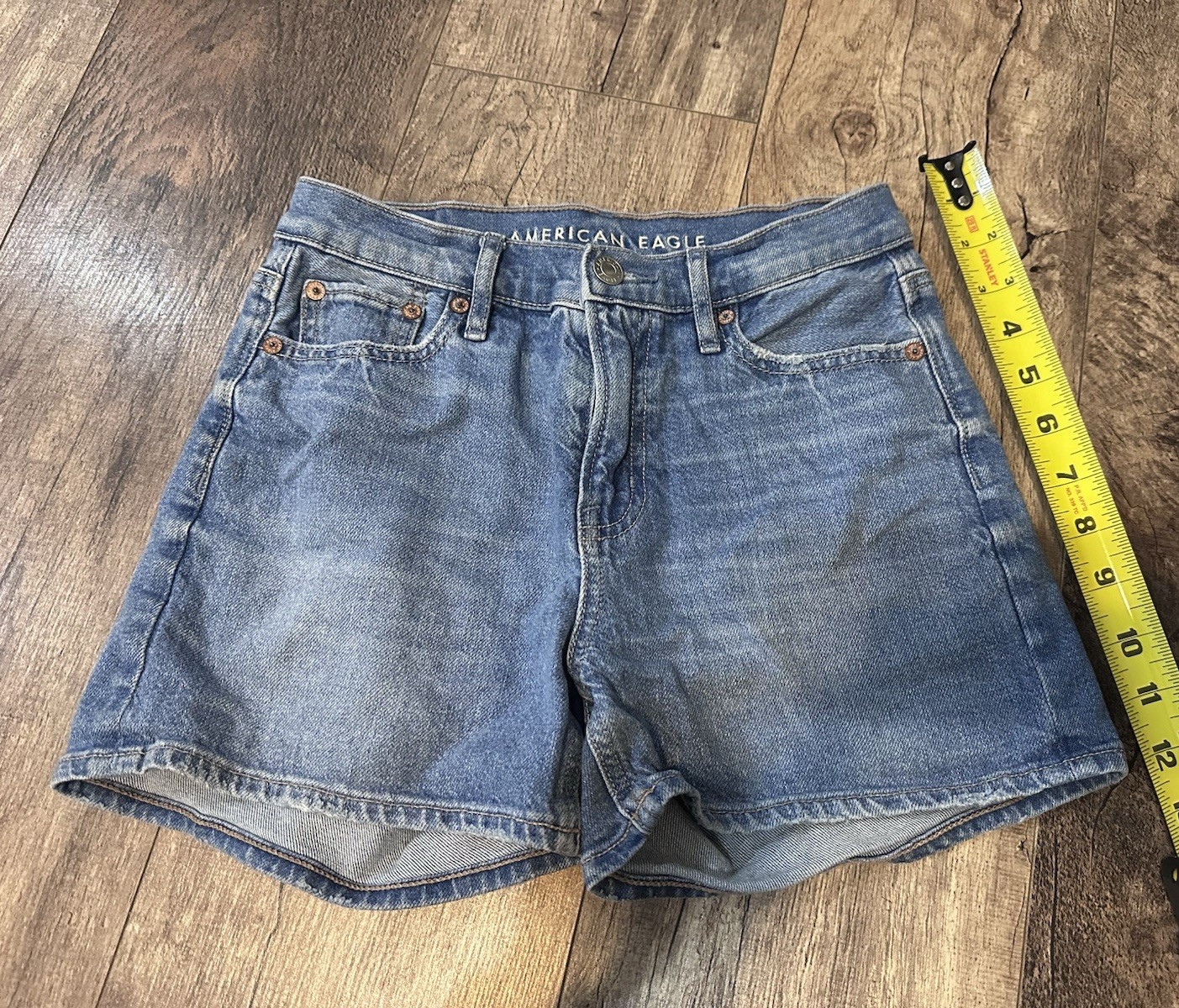 American Eagle Strigid High Rise Bermuda Denim Shorts Blue 000 Cotton Pockets