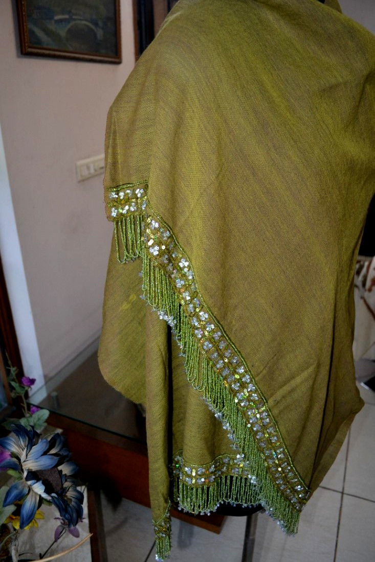 moss/ navy reversible SEQUINS BEADS ON TASSELS PASHMINA SHAWL 100% CASHMERE