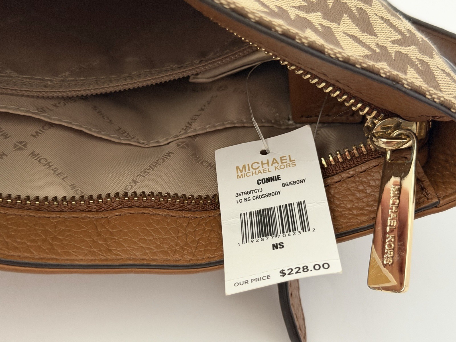 Michael Kors Signature MK Brown Monogram Small Crossbody Zip Gold Detach Strap