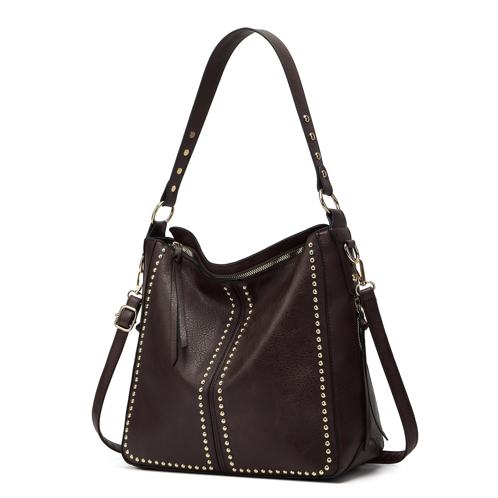 Soft PU Rivet Hobo Shoulder Bag Large Capacity Crossbody Tote Purse With Wallet