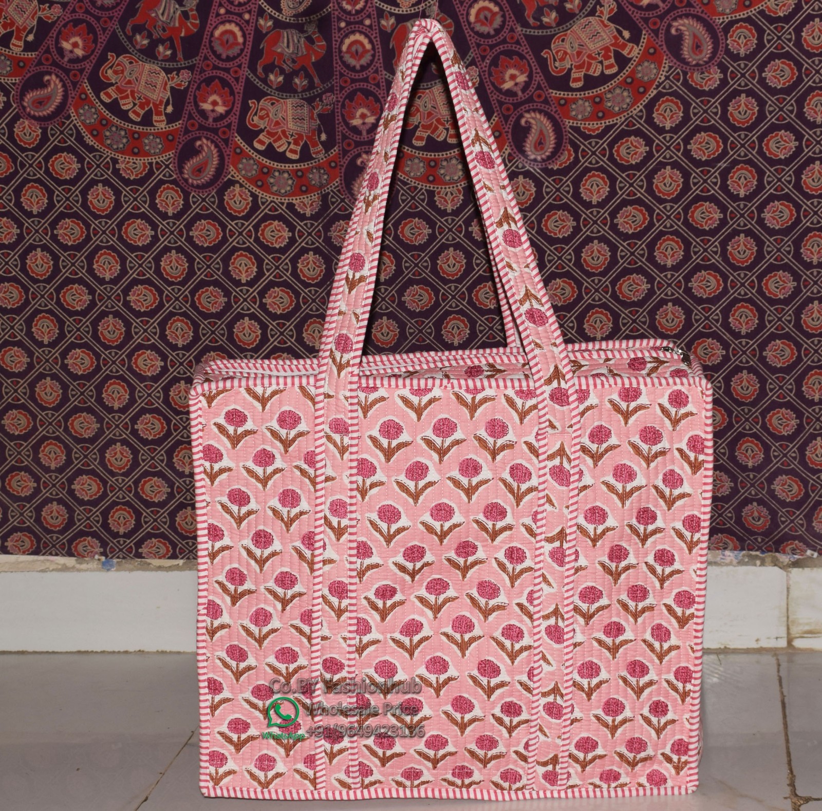 Quilted Tote Bag Handmade Block Print Cotton Handbag Indian Floral Boho Beach
