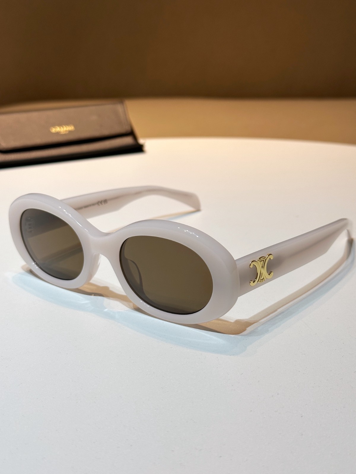 Celine Triomphe Oval Sunglasses Off-White Acetate Gold Logo Designer Chic