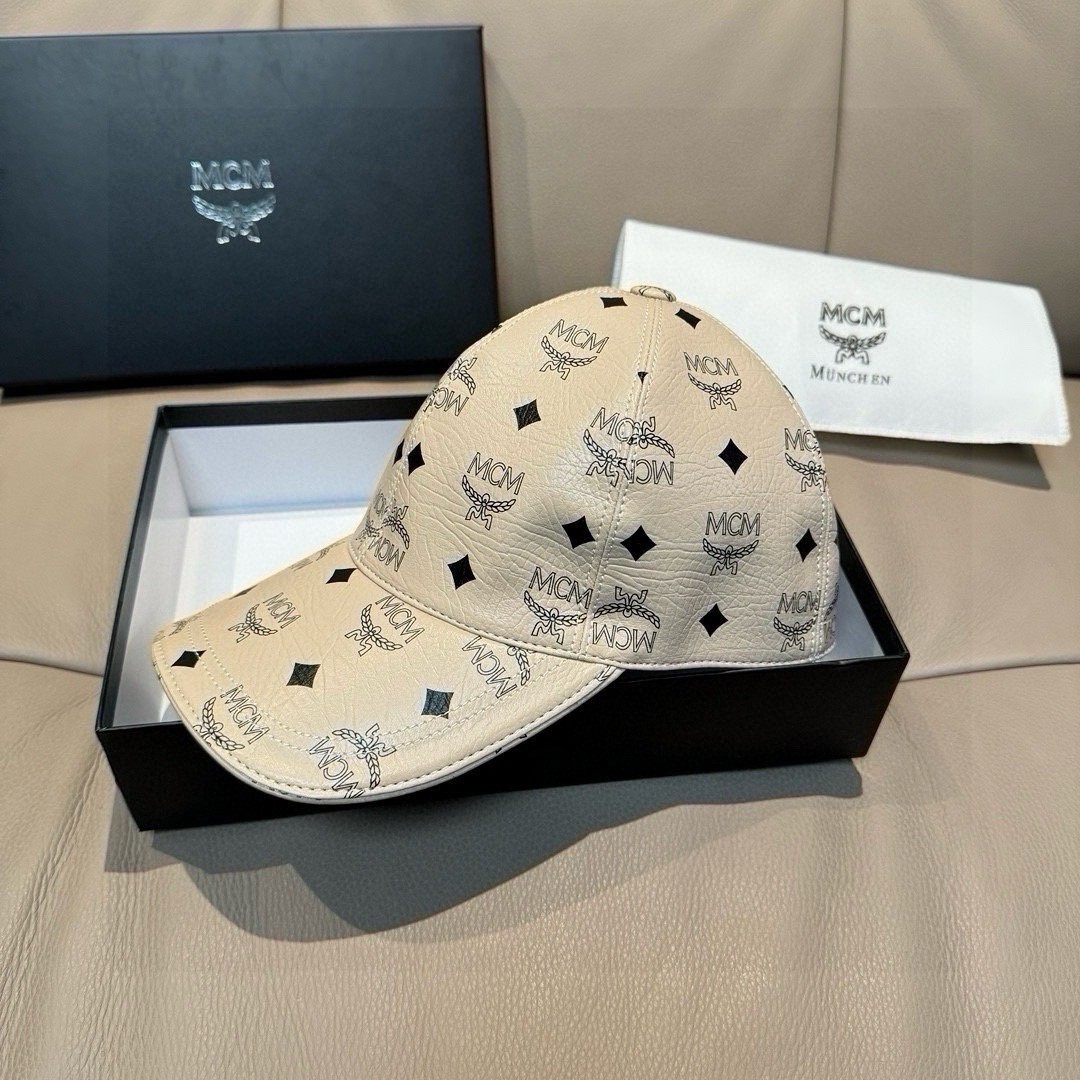 MCM All Over Print Leather Baseball Cap Top Grain Cow Leather Curved Brim Hat