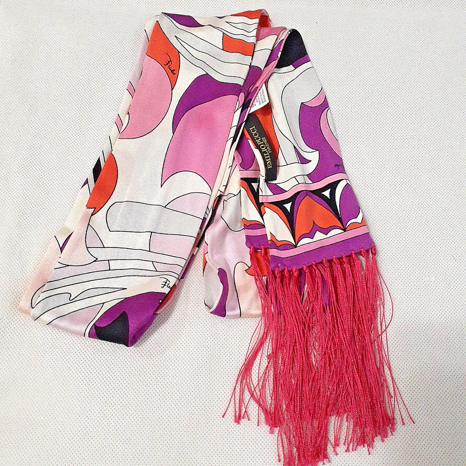 Emilio Pucci Silk Scarf Ribbon Purple Multicolor Geometric Narrow Fringe 182x9cm
