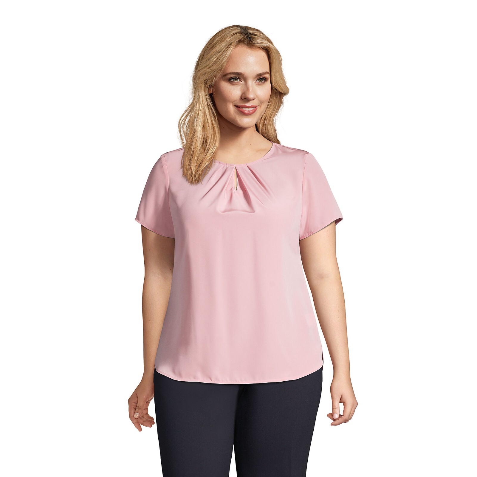 LANDS’ END Plus 32W Pink Short Sleeve Keyhole Blouse with Gold Back Zipper NWT