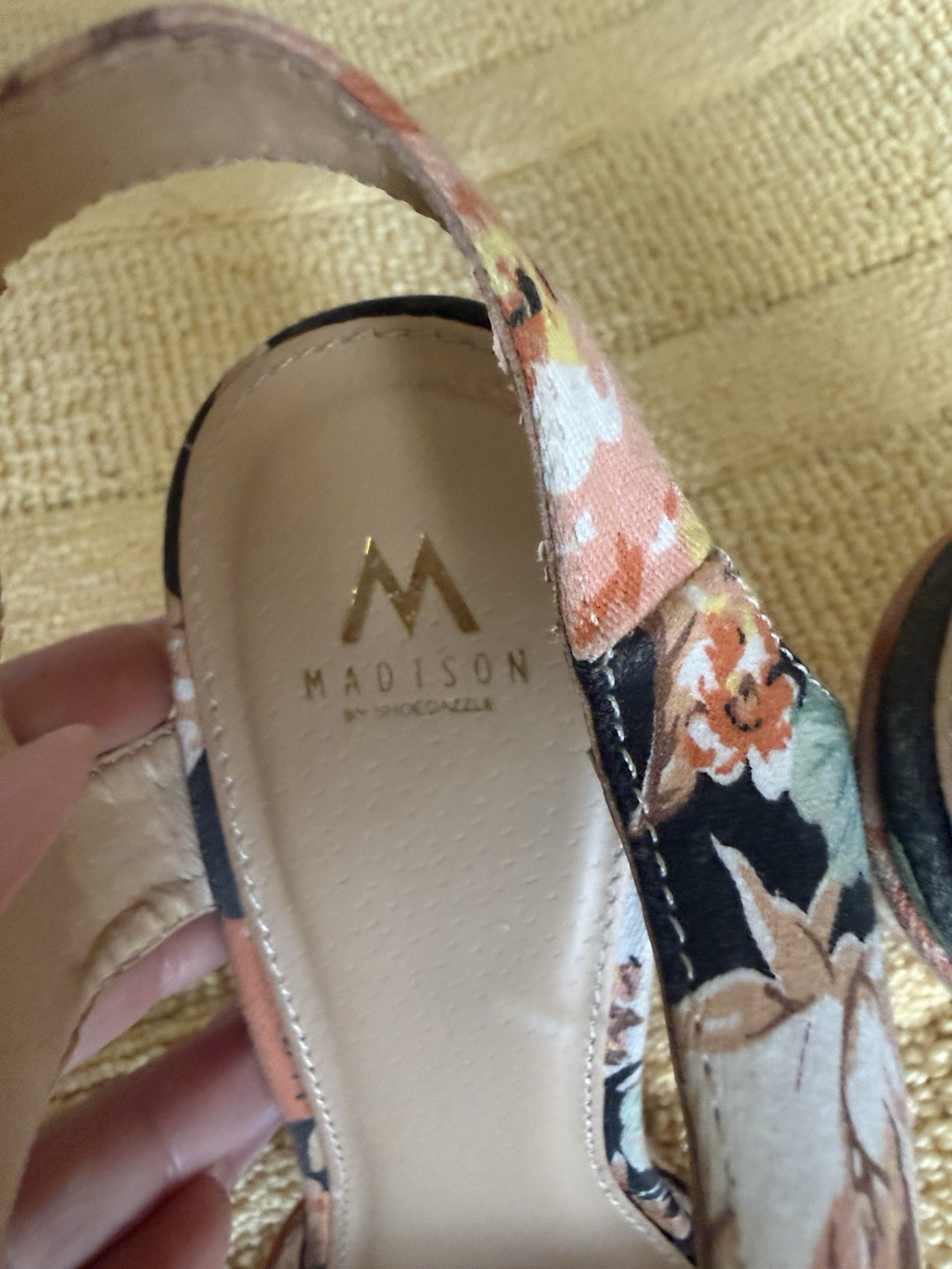 Shoe Dazzle Floral Open-ToeAnkle Strap Heels in Coral and Black