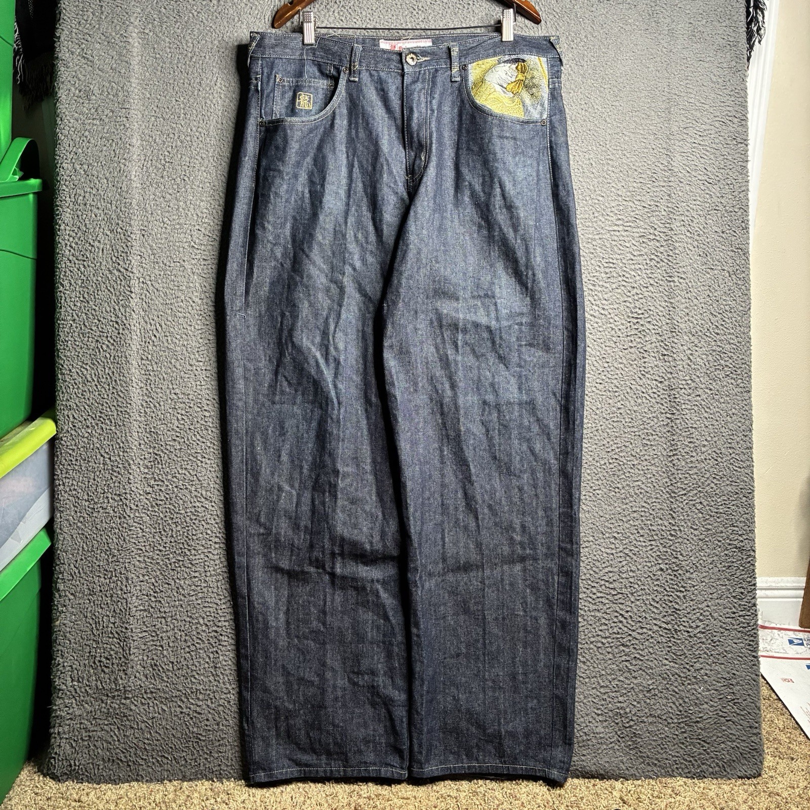 Vtg Martin Ksohoh Style Embroidered 38×34 Denim Jeans Wide Leg Baggy Broken Zip