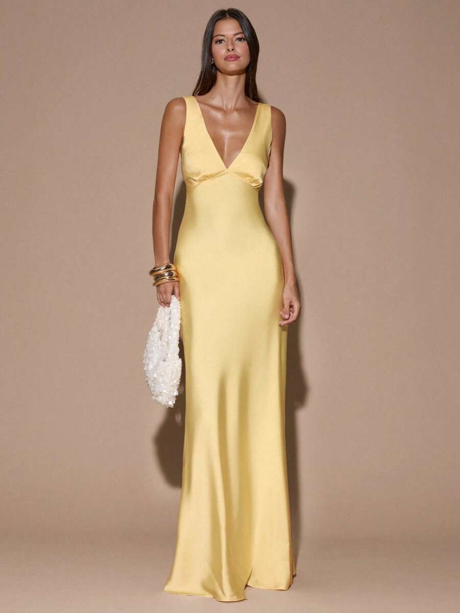 Elegant Satin Maxi Dress Deep V Neck Criss Cross Backless Mermaid Wedding