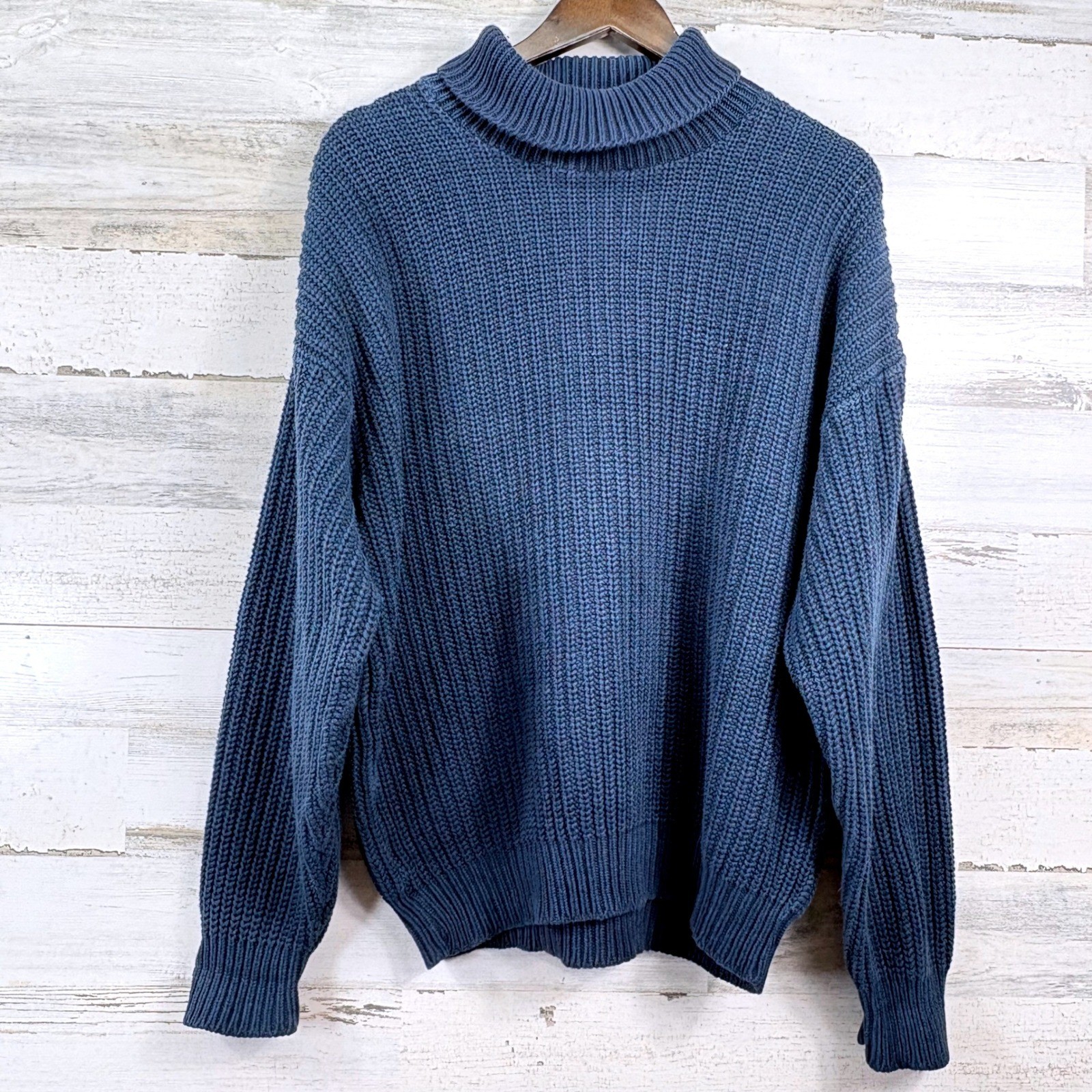Orvis Sweater Fisherman Mens Large Blue Mock Neck Ribbed Cotton Shaker Knit