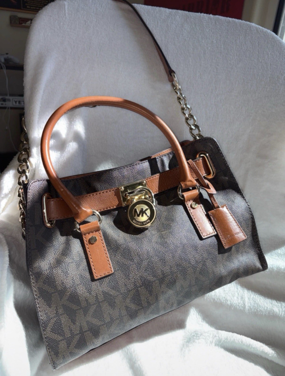 Michael Kors Brown/Gray Monogram Satchel Top Handle Chain Strap Key Detachable