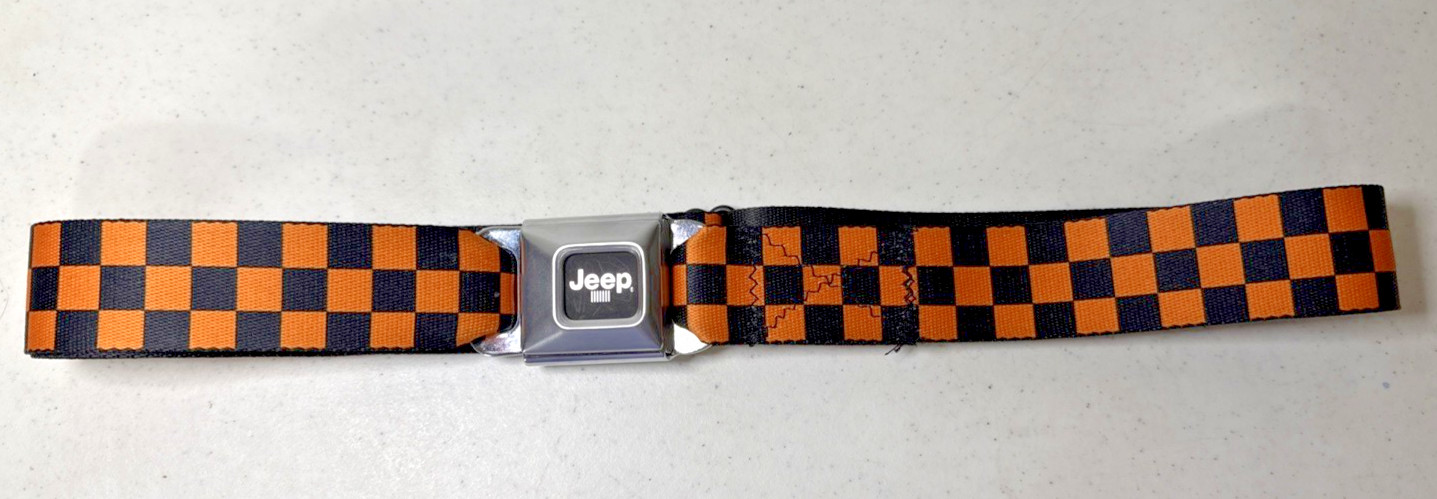 Buckle Down Seatbelt JEEP Logo Adjustable Belt Orange & Black Checkers Adult