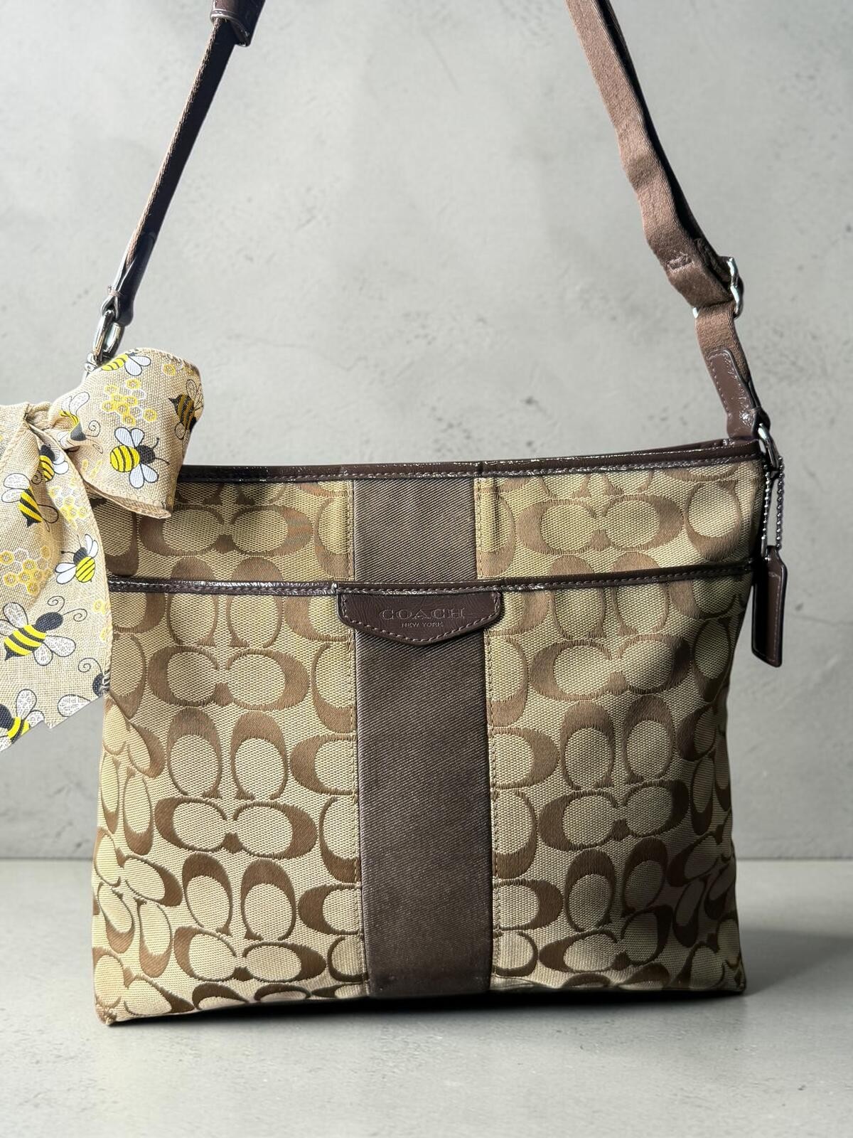 COACH F28502 Signature Stripe File Bag Crossbody Khaki Brown Jacquard
