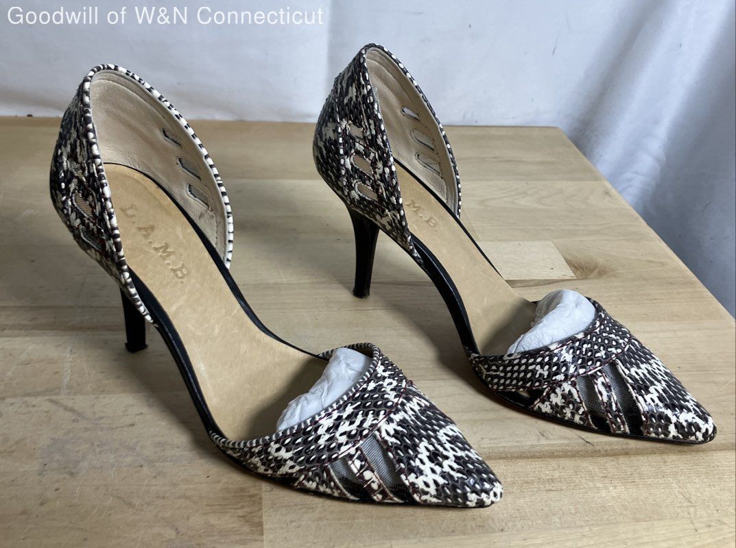 L.A.M.B. Black White Snakeskin Print D’Orsay Pointed Toe Heels Women’s Size 7.5M
