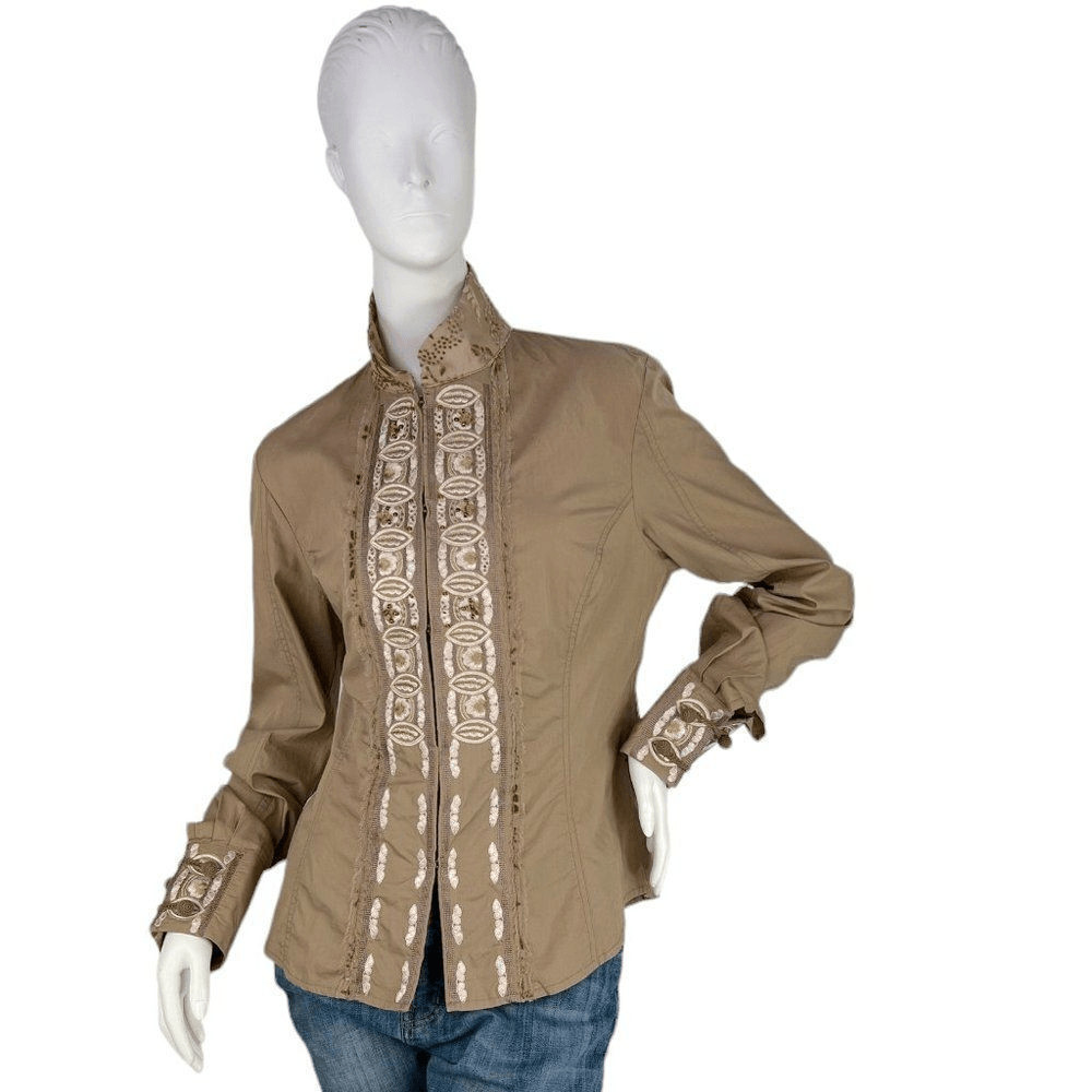 Roberto Cavalli Place Tan Floral Beaned Embroidered Shirt w/ Mandarin Collar 12
