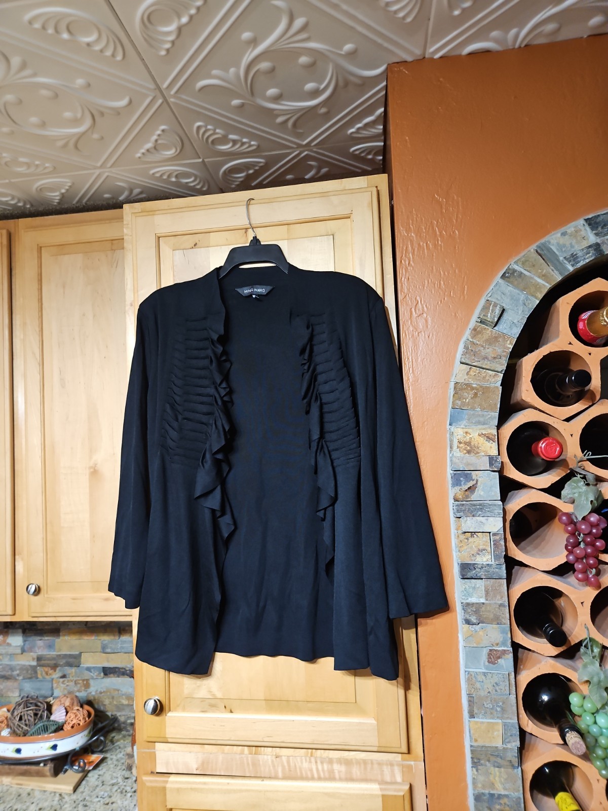 Ming Wang Black Pleated Ruffle Knit Long Sleeve Open Cardigan Sweater Size Large