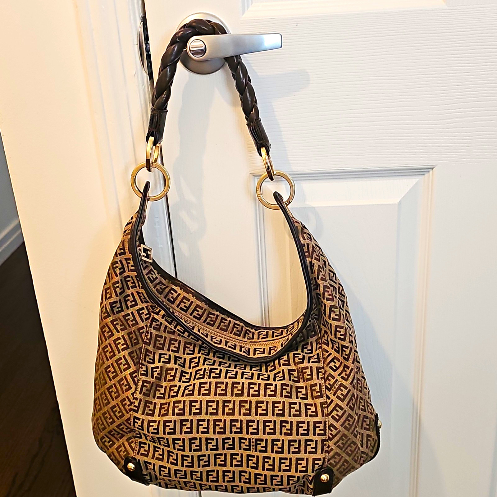 Fendi Zucca FF Logo Shoulder Bag, Zip Closure, Braided Strap, Gold Hardware