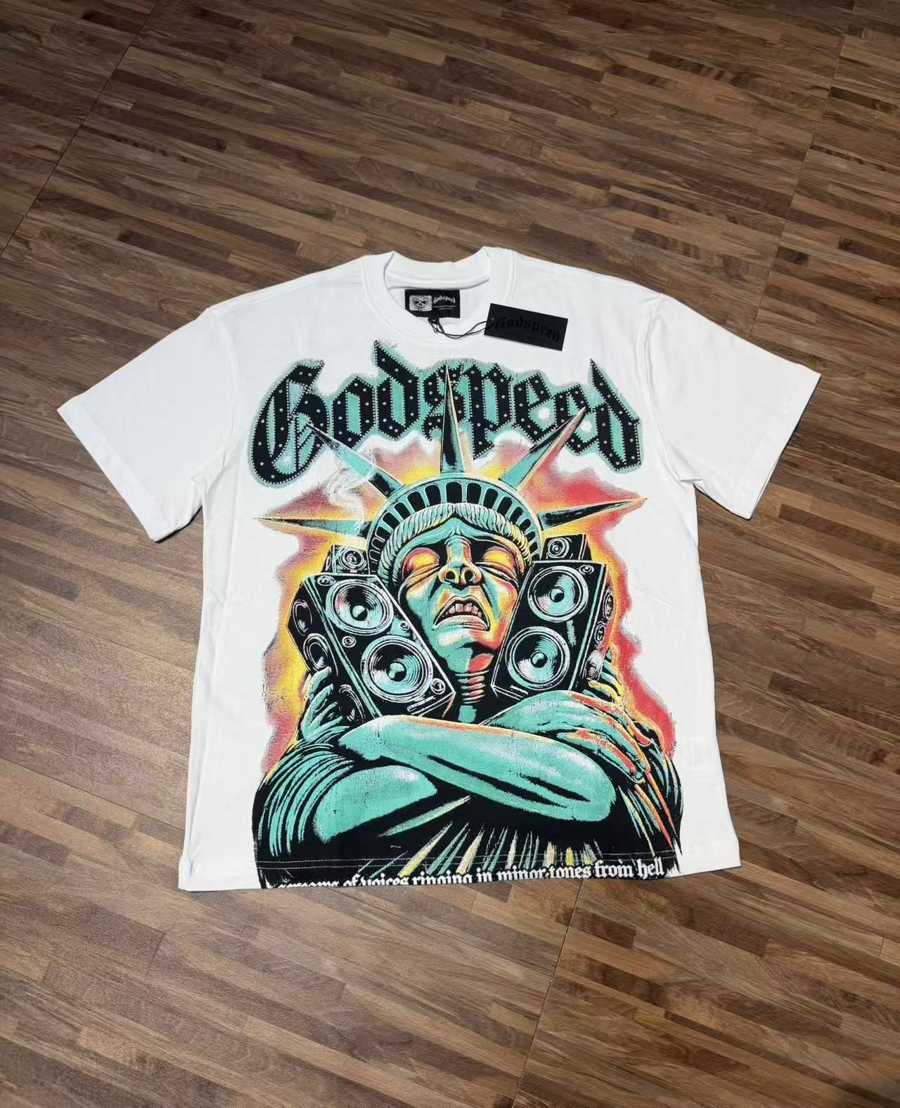 26SS Godspeed Mocking the Statue of Liberty printing Tee Mens Cotton T-shirt