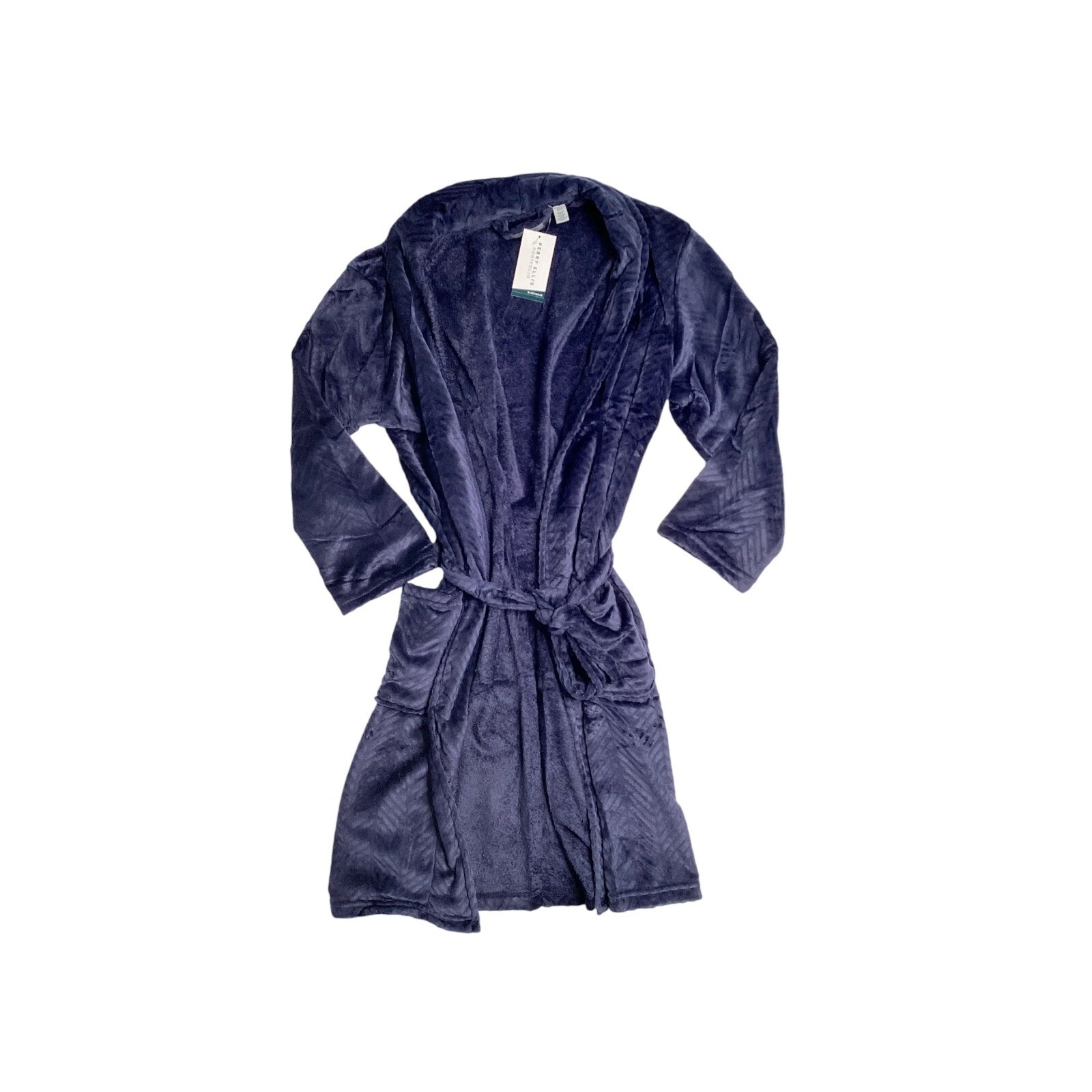 Perry Ellis Portfolio Plush Fleece Belted Robe Peacoat Blue One Size