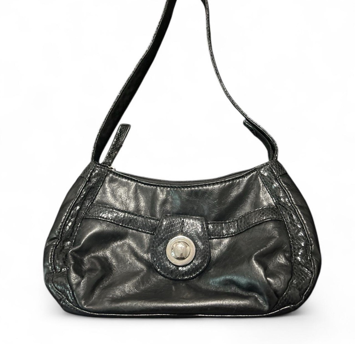 Black Small Crescent Shoulder Bag Zip Turn Lock Silver Lined Detach Strap