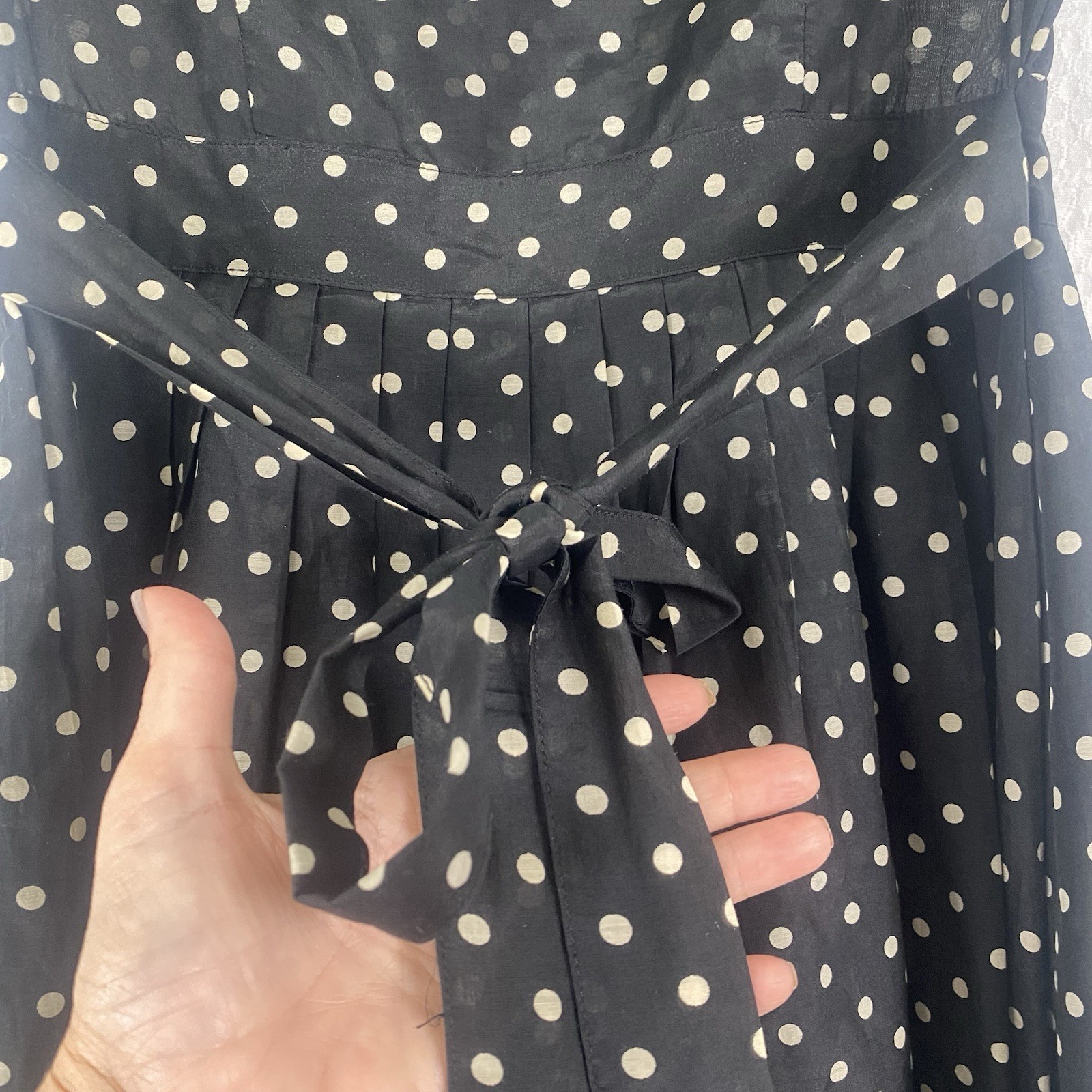 Vintage Polka Dot Dress Black Cream Silk Blend Retro Pin Up Rockabilly Fit Flare