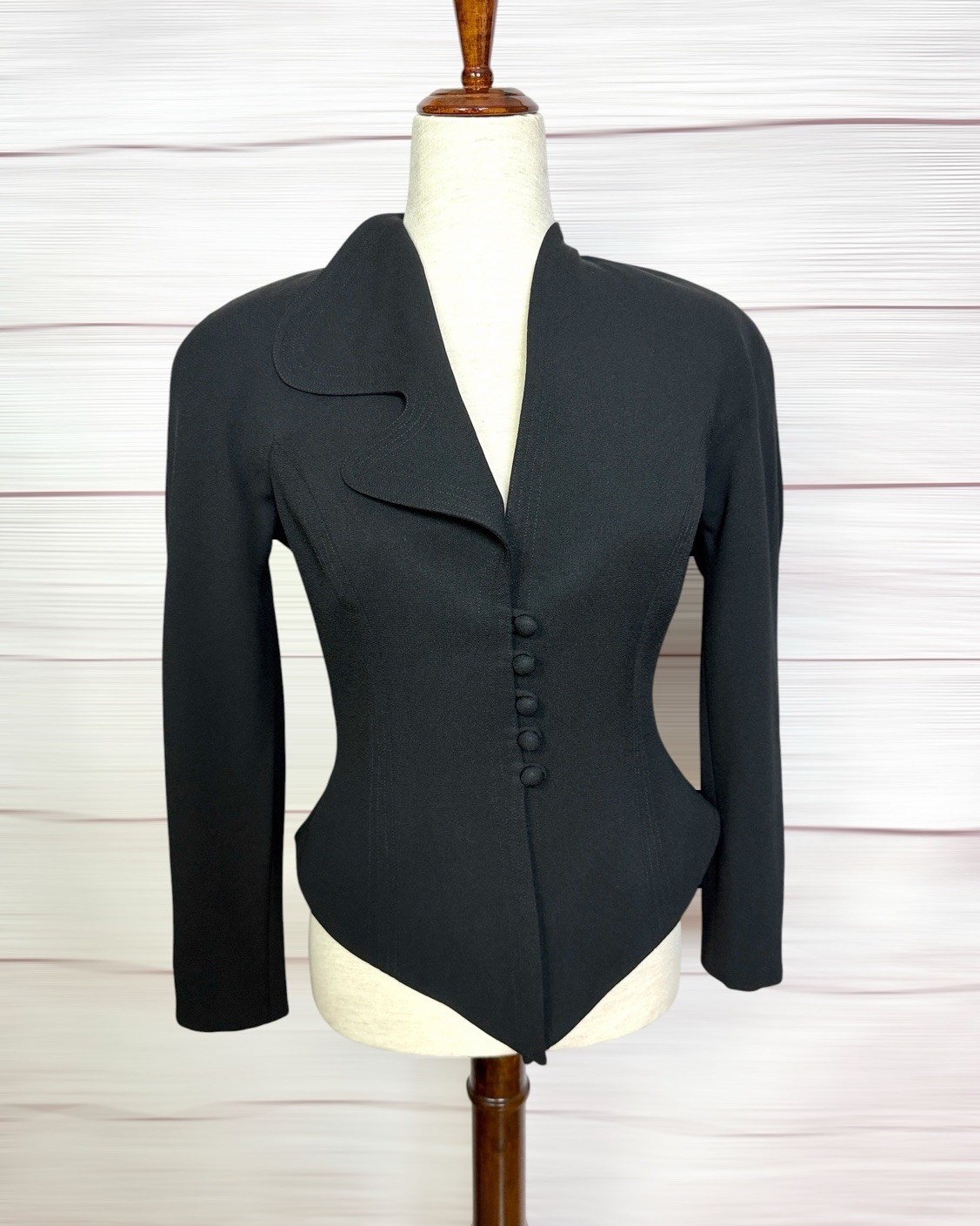 Vintage Alberto Makali Black Sculptural Blazer Asymmetric Collar Fitted USA US 2
