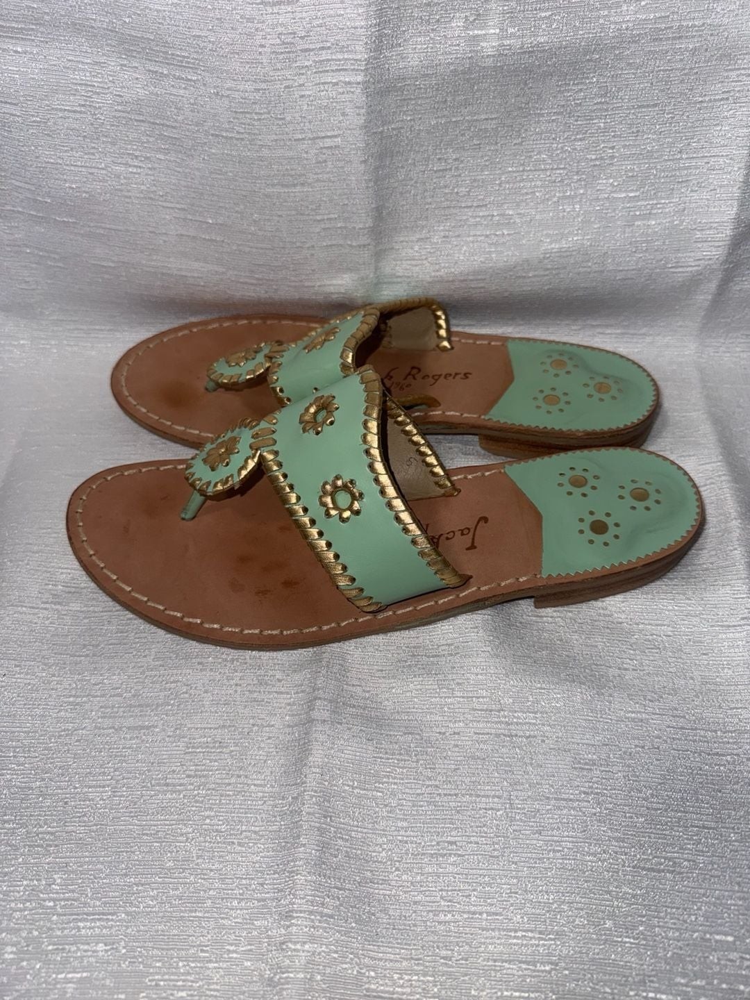 Jack Rogers Nantucket Gold Thong Sandals in Mint and Gold